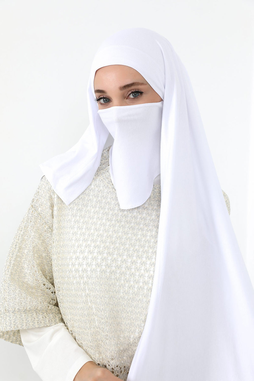Neck-Covering Jersey Hijab with Built-In Niqab and Undercap, Premium Jersey Hijab with Integrated Bonnet and Face Veil,PS-58 White