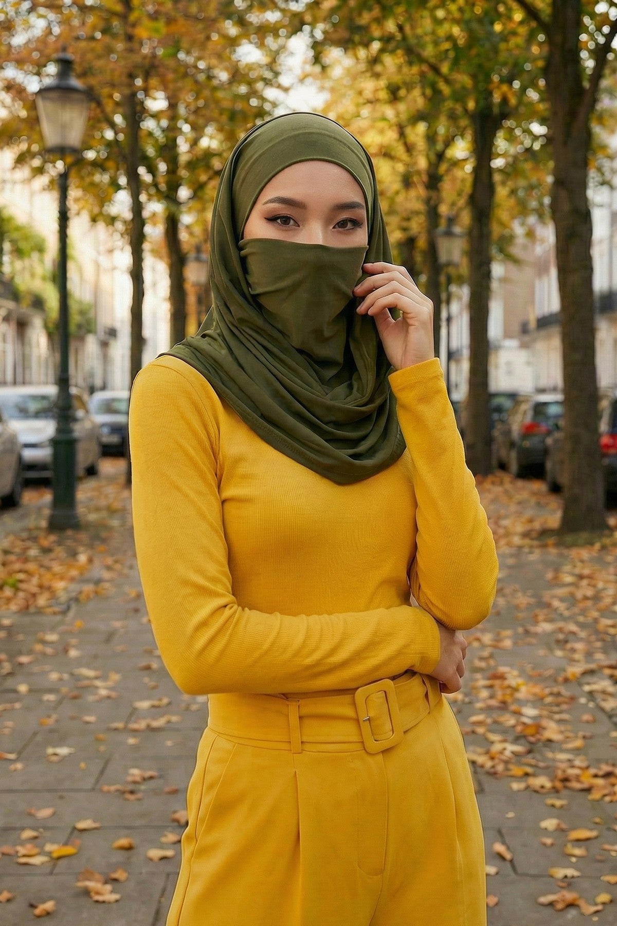 Neck-Covering Jersey Hijab with Built-In Niqab and Undercap, Premium Jersey Hijab with Integrated Bonnet and Face Veil,PS-58 Army Green