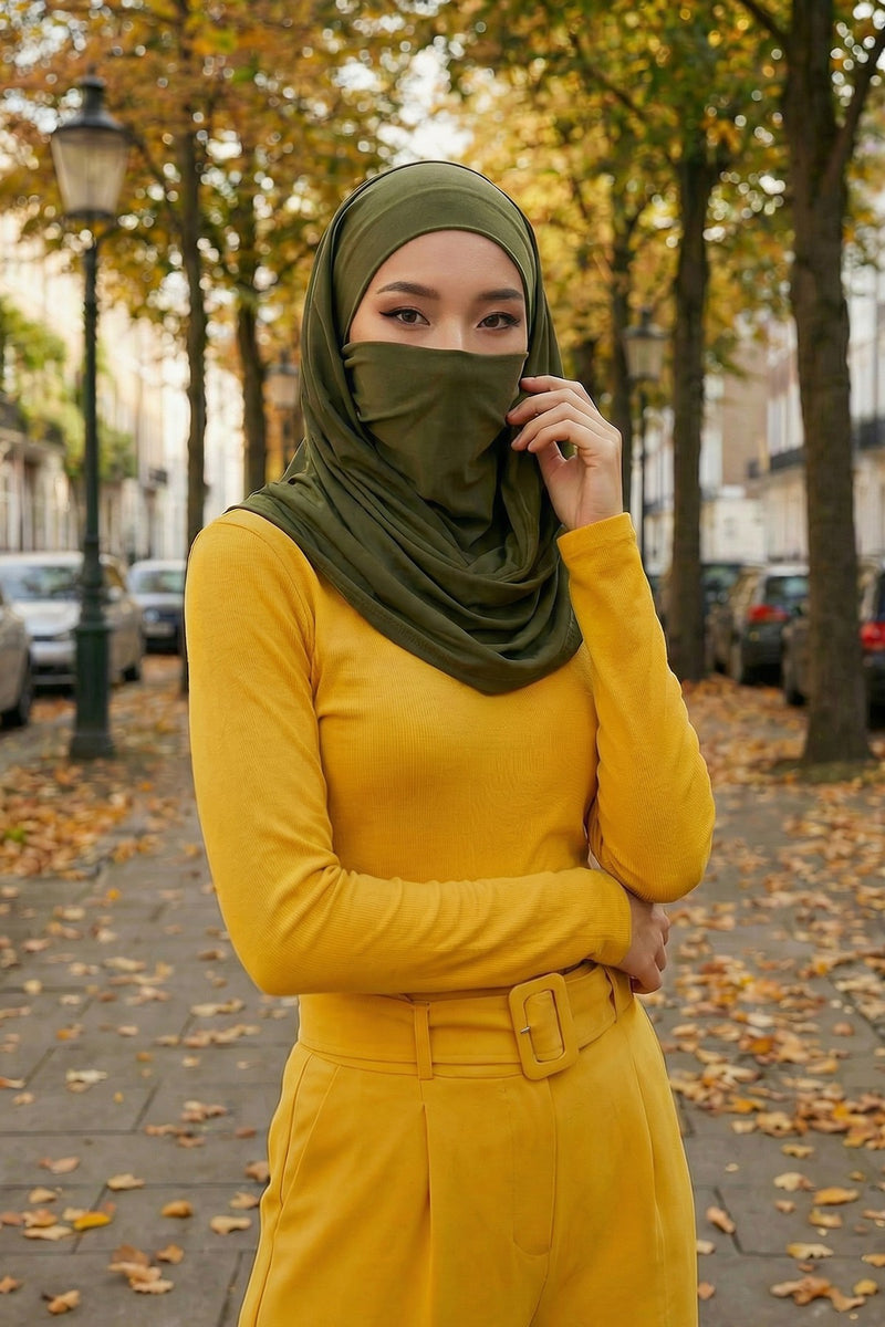 Neck-Covering Jersey Hijab with Built-In Niqab and Undercap, Premium Jersey Hijab with Integrated Bonnet and Face Veil,PS-58