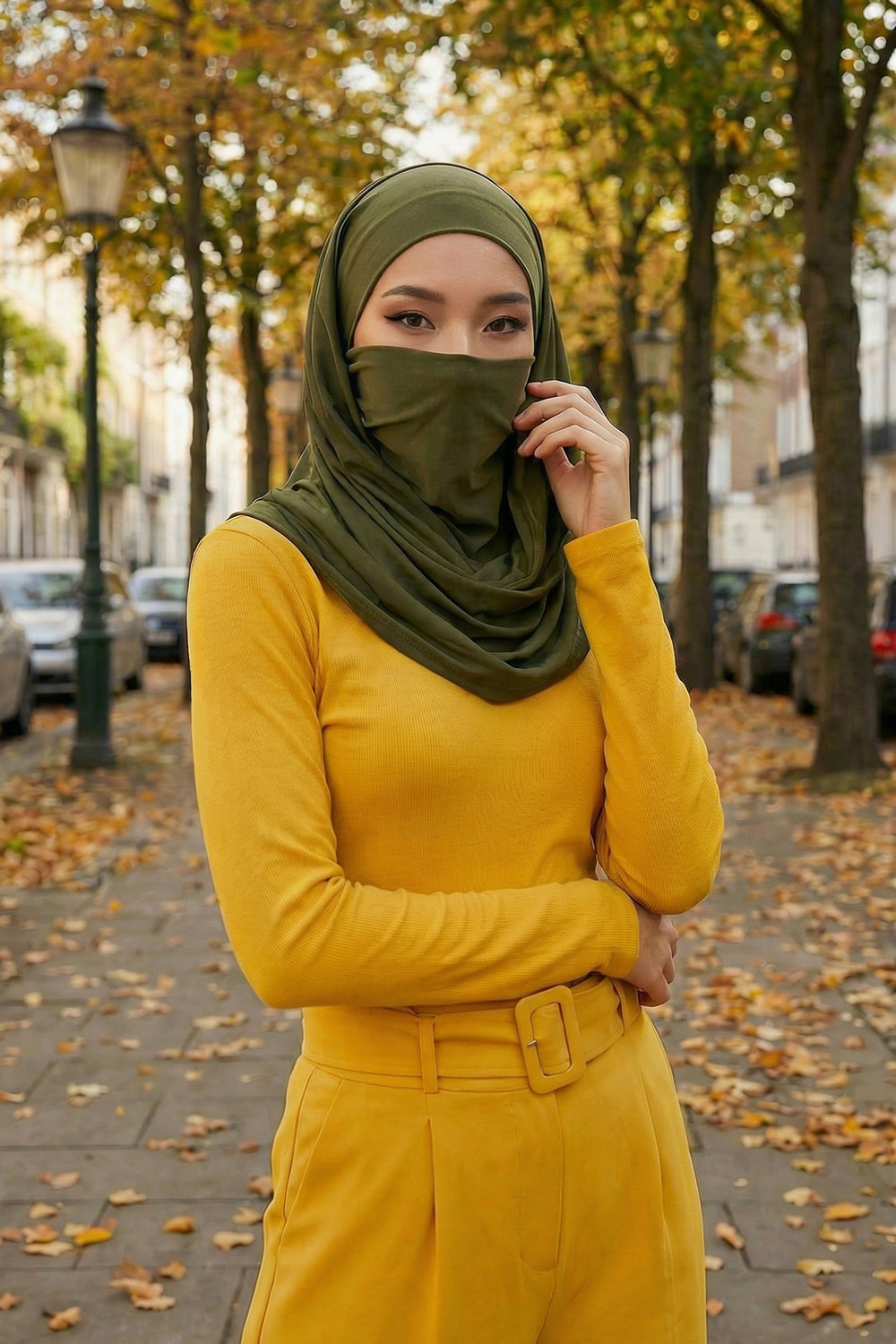 Neck-Covering Jersey Hijab with Built-In Niqab and Undercap, Premium Jersey Hijab with Integrated Bonnet and Face Veil,PS-58 Army Green