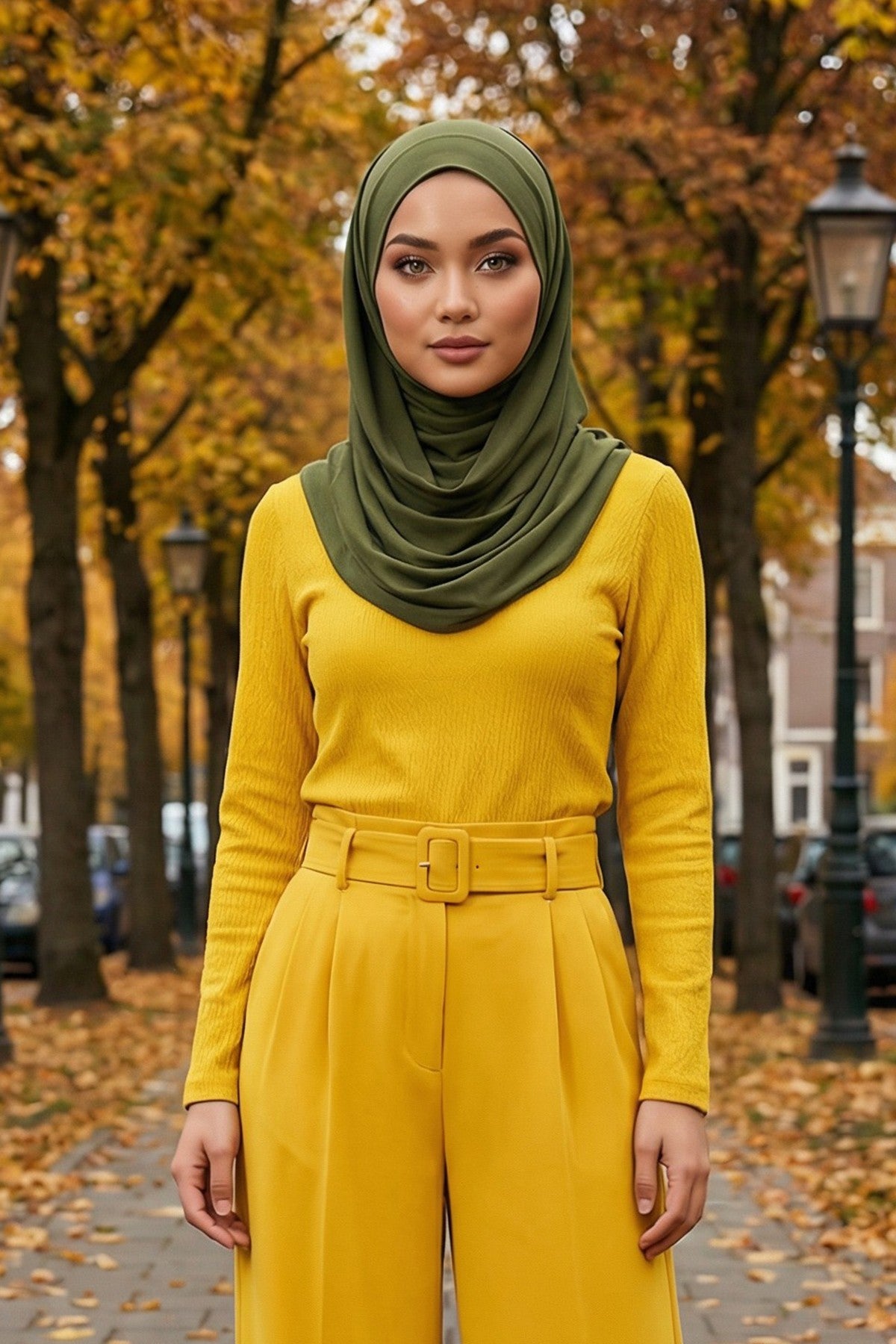 Neck-Covering Jersey Hijab with Built-In Niqab and Undercap, Premium Jersey Hijab with Integrated Bonnet and Face Veil,PS-58 Army Green