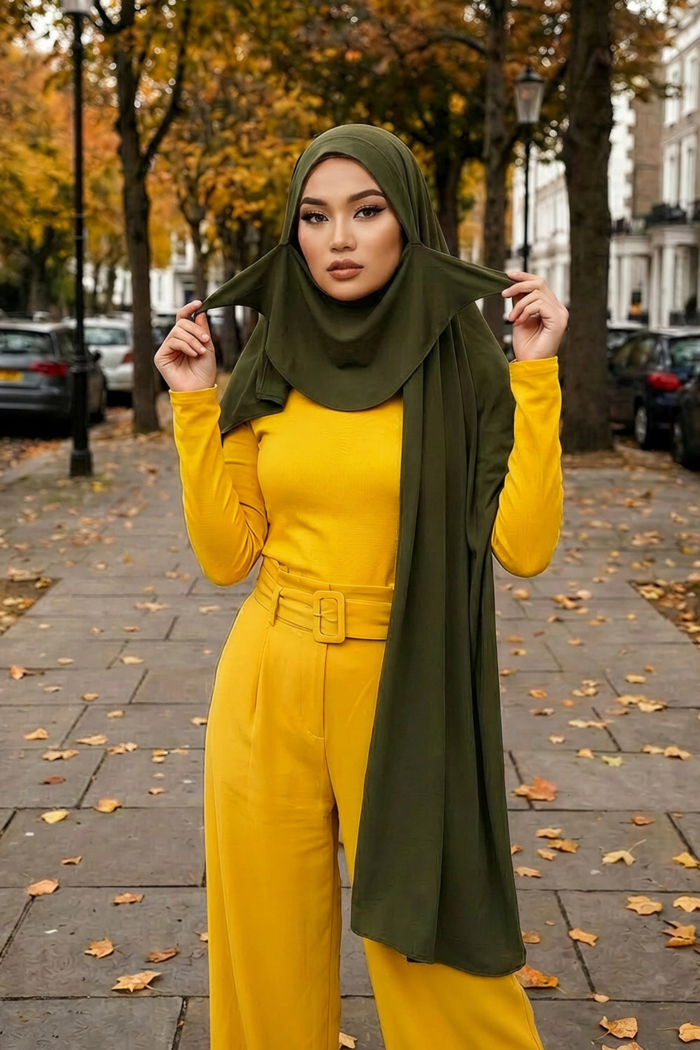 Neck-Covering Jersey Hijab with Built-In Niqab and Undercap, Premium Jersey Hijab with Integrated Bonnet and Face Veil,PS-58 Army Green
