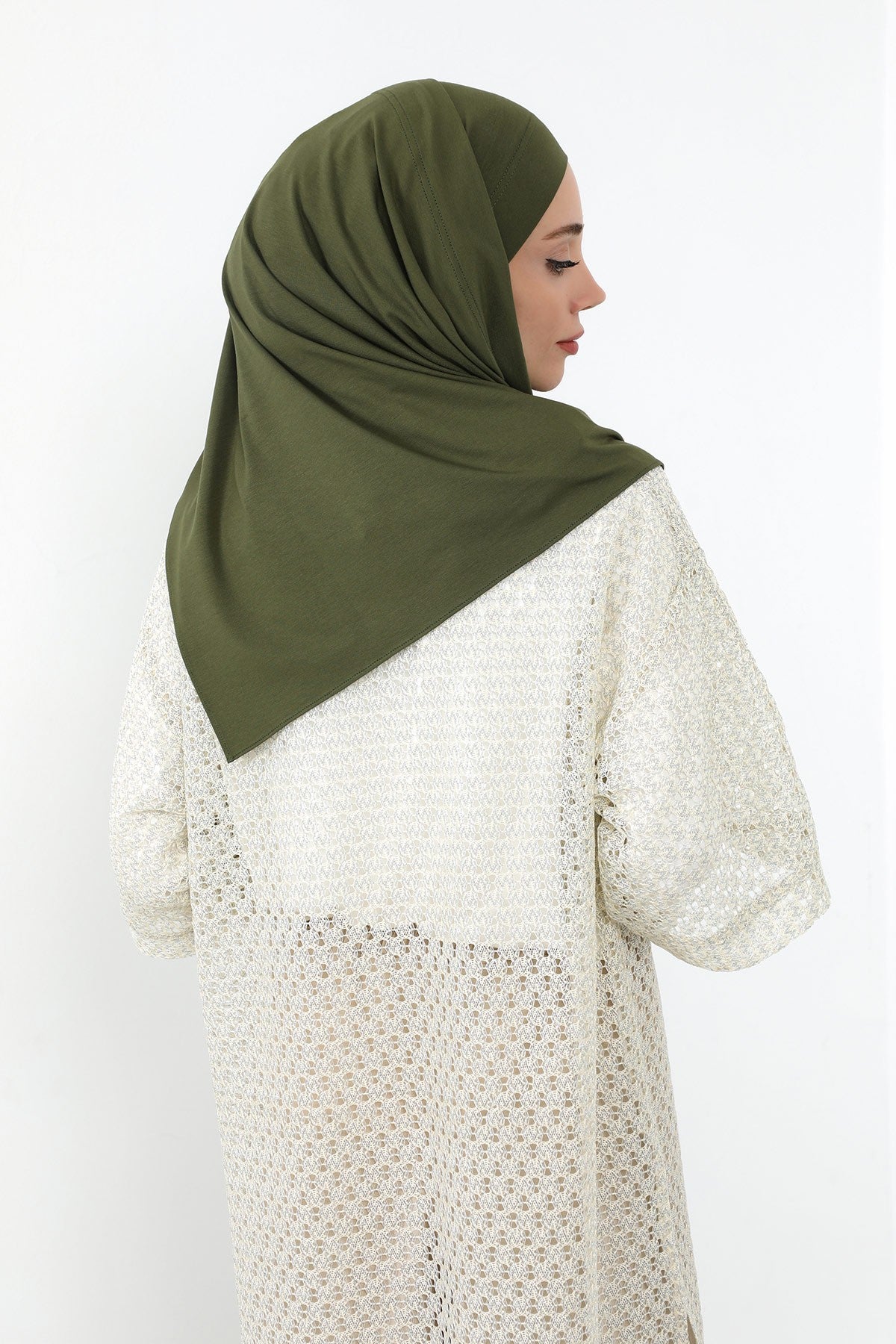 Neck-Covering Jersey Hijab with Built-In Niqab and Undercap, Premium Jersey Hijab with Integrated Bonnet and Face Veil,PS-58 Army Green