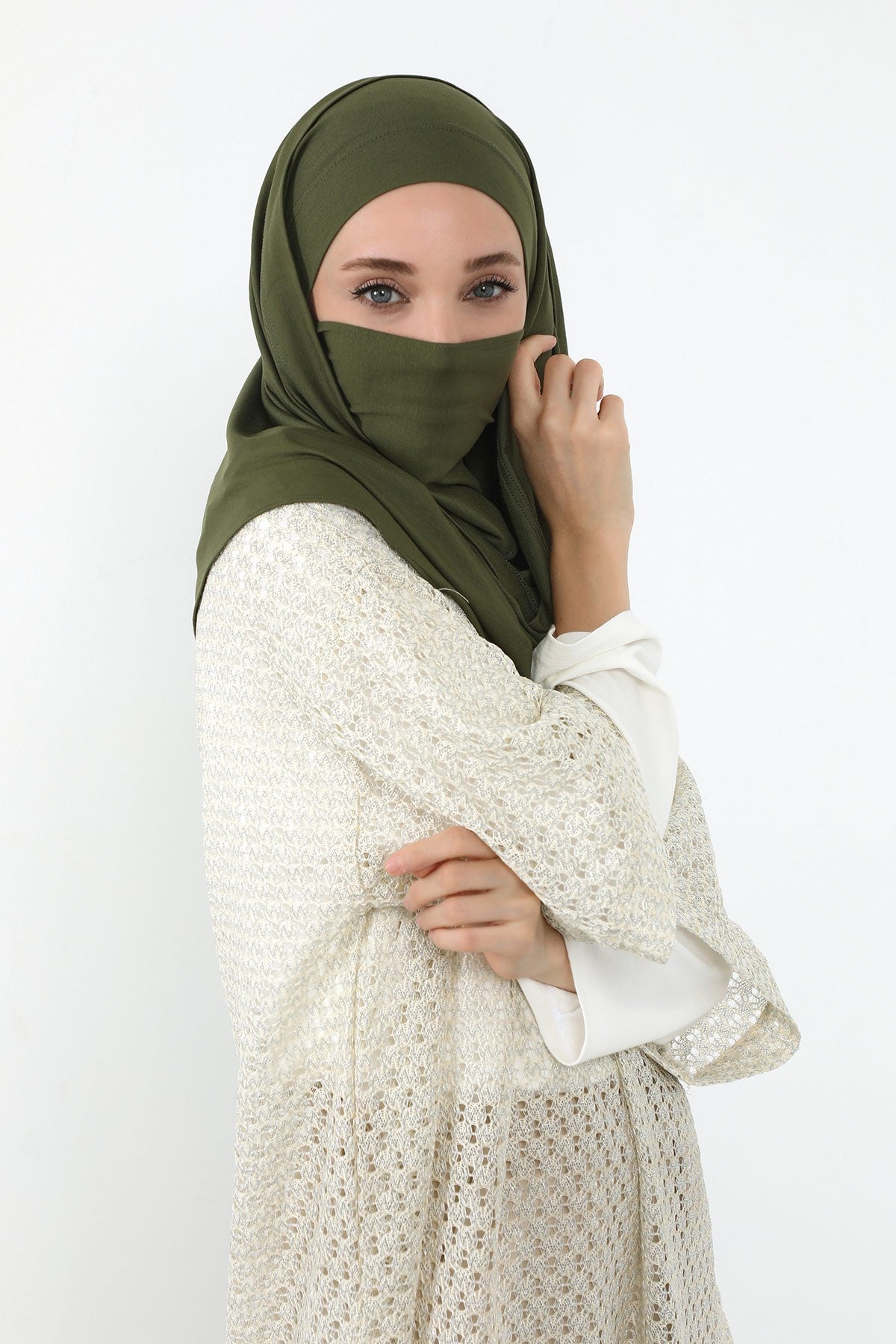 Neck-Covering Jersey Hijab with Built-In Niqab and Undercap, Premium Jersey Hijab with Integrated Bonnet and Face Veil,PS-58 Army Green