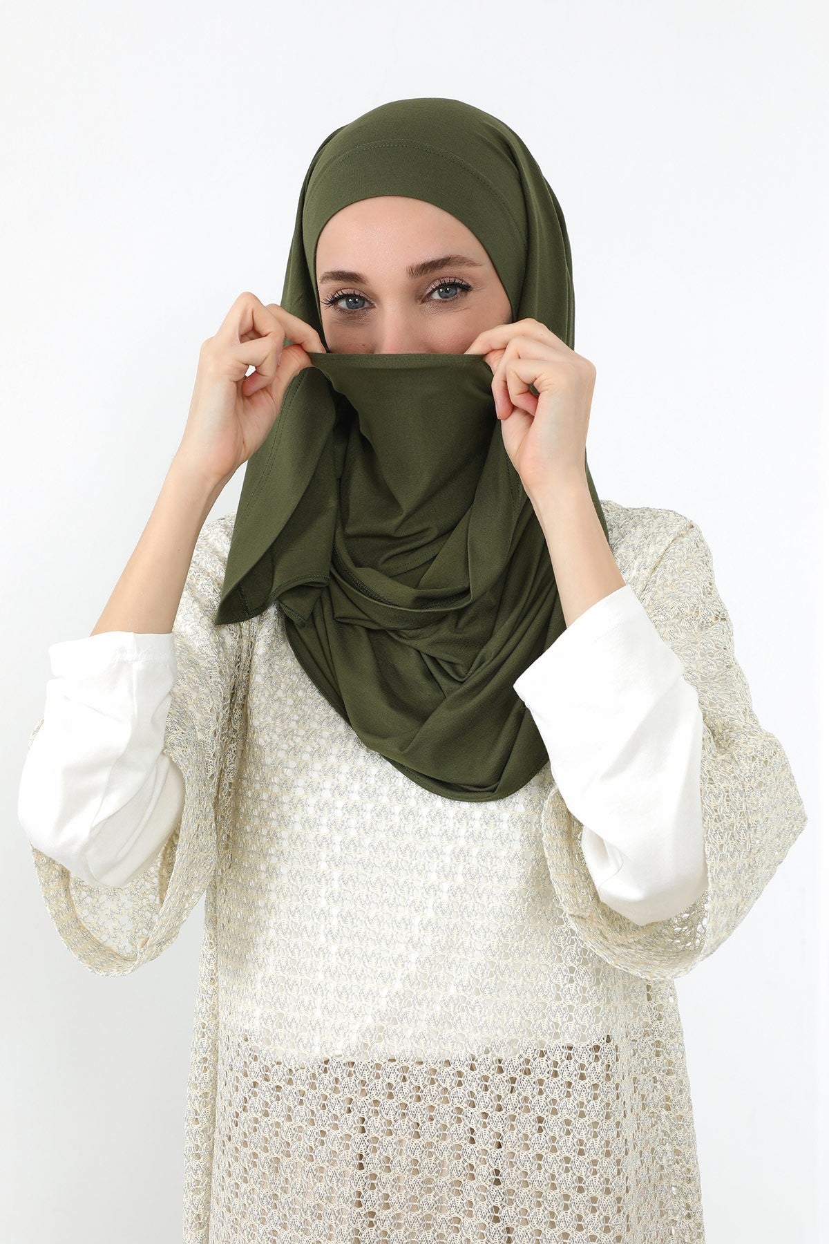 Neck-Covering Jersey Hijab with Built-In Niqab and Undercap, Premium Jersey Hijab with Integrated Bonnet and Face Veil,PS-58 Army Green