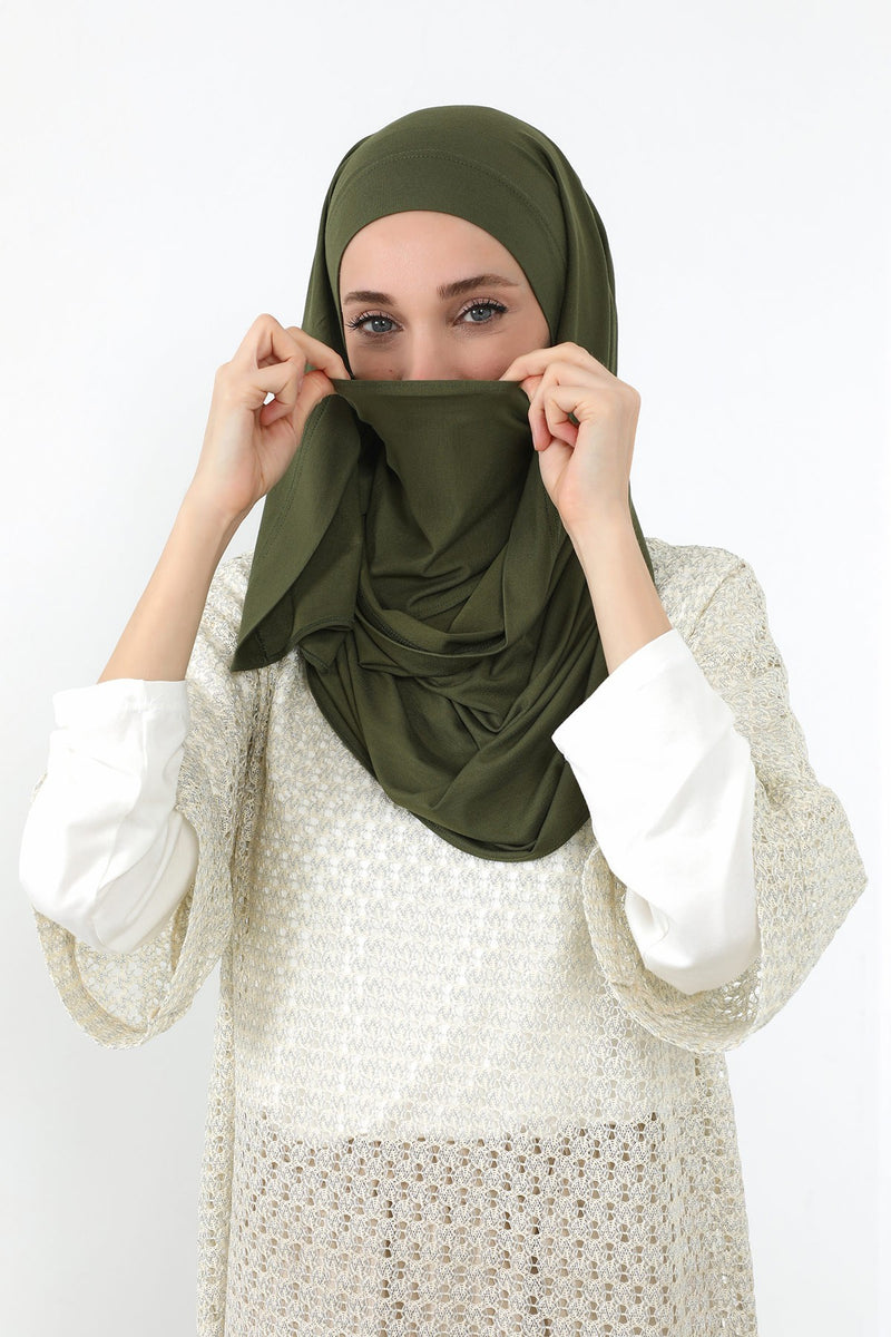 Neck-Covering Jersey Hijab with Built-In Niqab and Undercap, Premium Jersey Hijab with Integrated Bonnet and Face Veil,PS-58