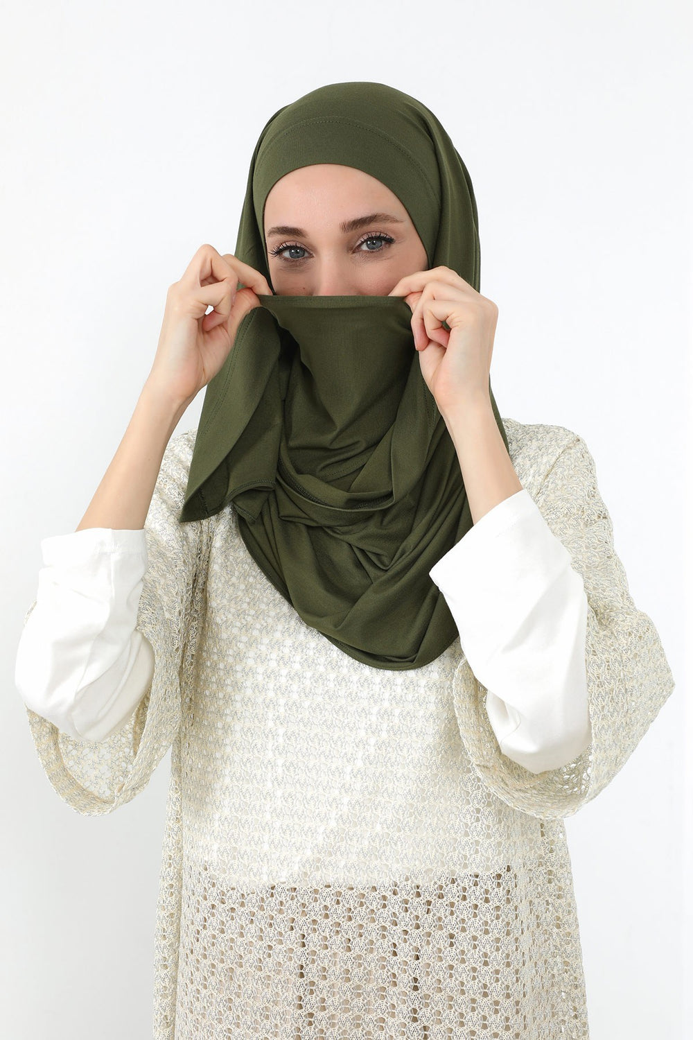 Neck-Covering Jersey Hijab with Built-In Niqab and Undercap, Premium Jersey Hijab with Integrated Bonnet and Face Veil,PS-58 Army Green