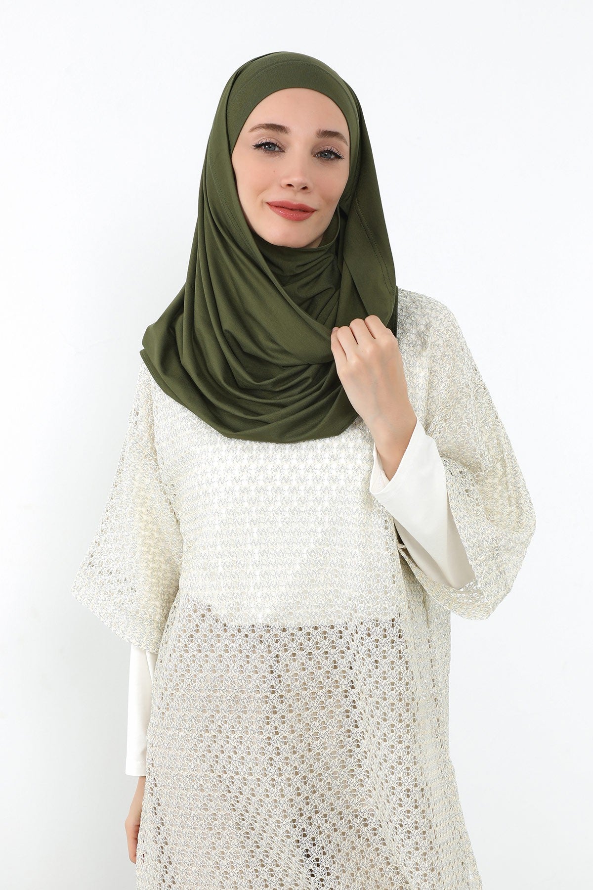 Neck-Covering Jersey Hijab with Built-In Niqab and Undercap, Premium Jersey Hijab with Integrated Bonnet and Face Veil,PS-58 Army Green