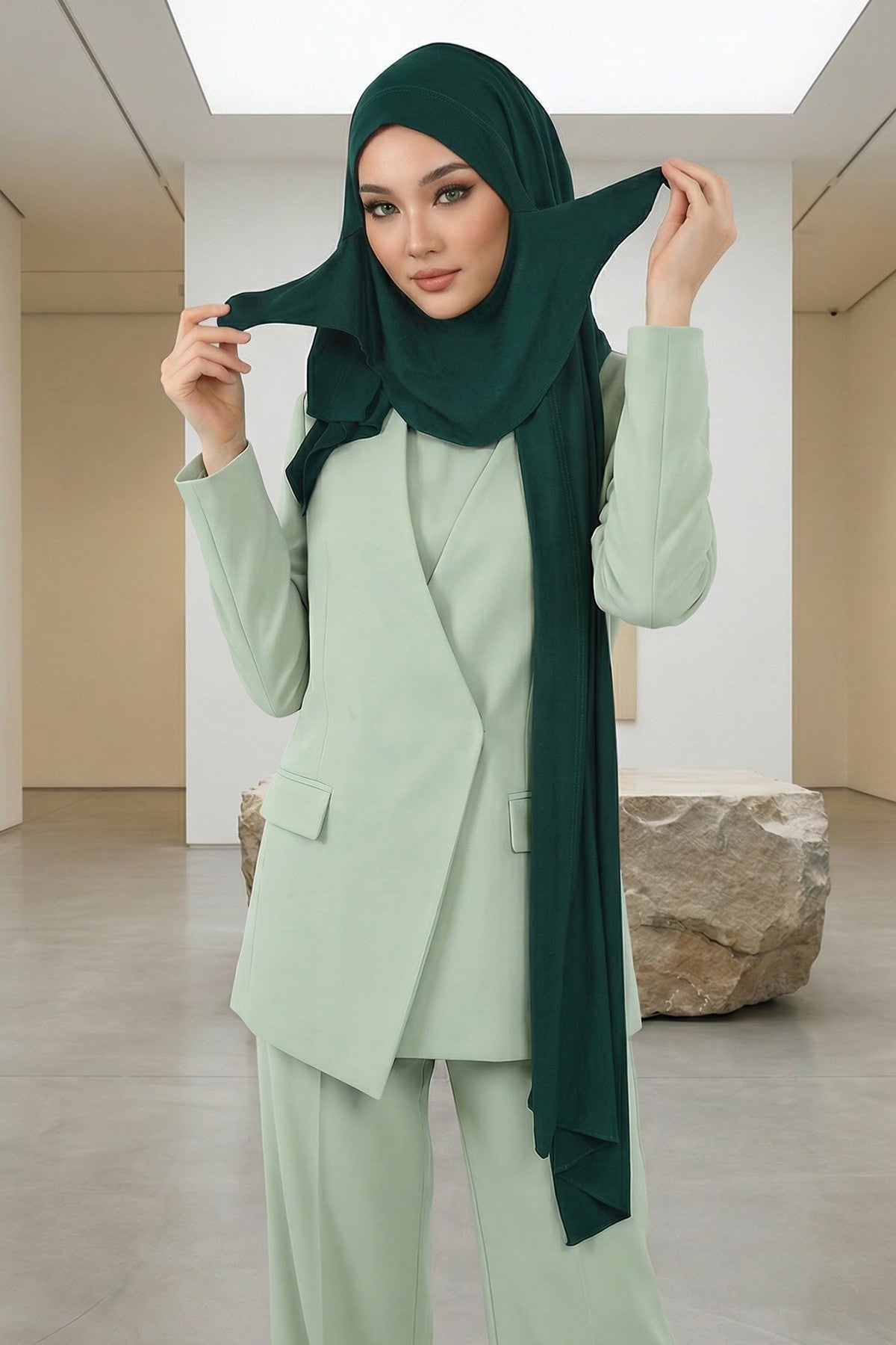 Neck-Covering Jersey Hijab with Built-In Niqab and Undercap, Premium Jersey Hijab with Integrated Bonnet and Face Veil,PS-58 Green