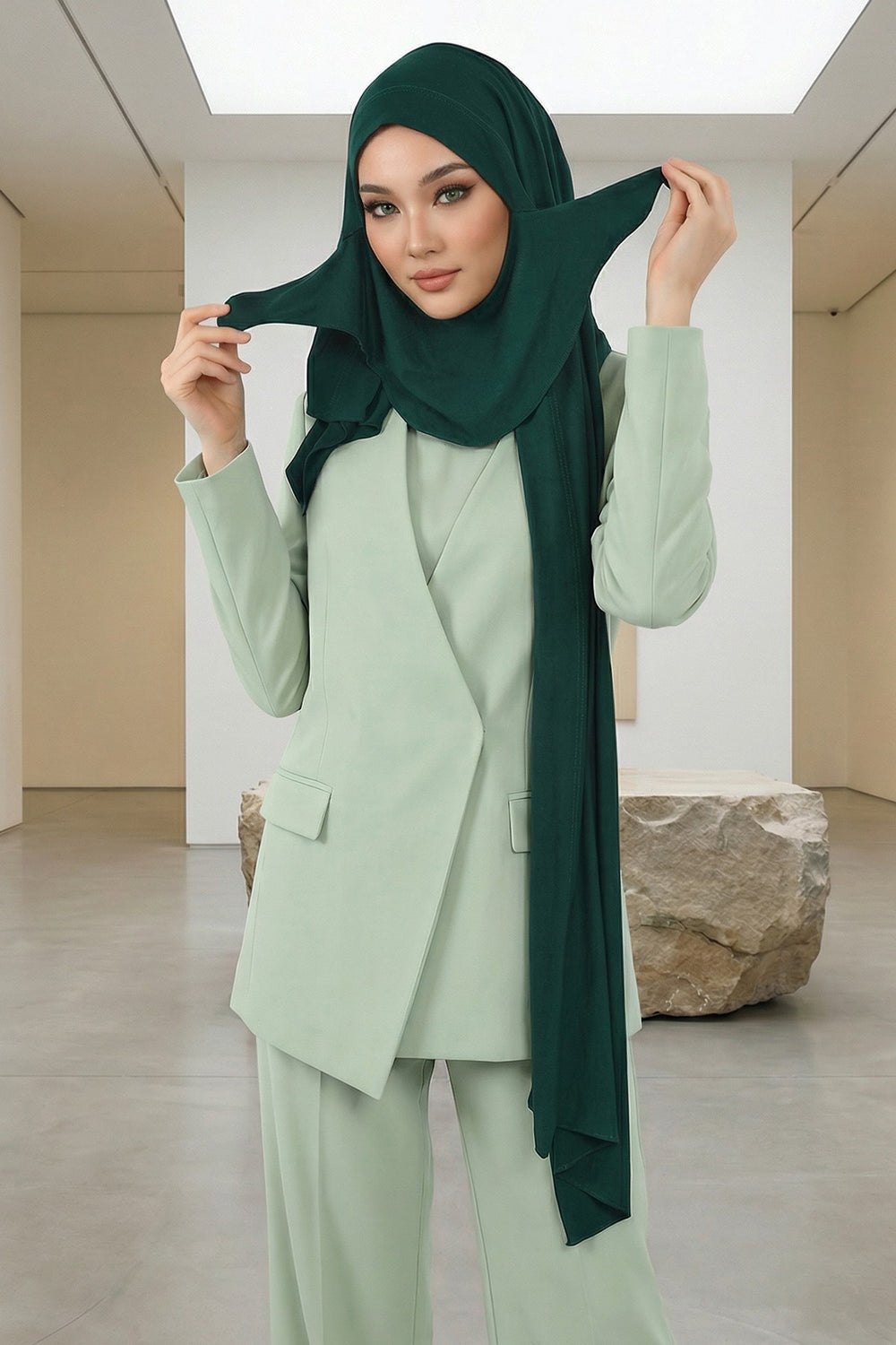 Neck-Covering Jersey Hijab with Built-In Niqab and Undercap, Premium Jersey Hijab with Integrated Bonnet and Face Veil,PS-58 Green