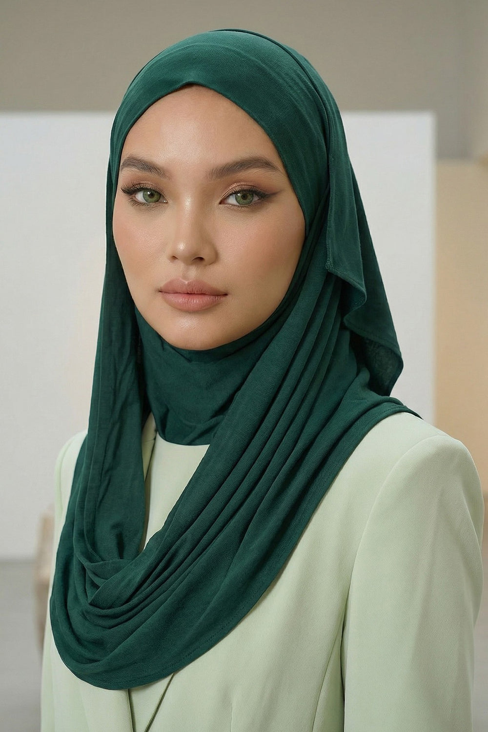 Neck-Covering Jersey Hijab with Built-In Niqab and Undercap, Premium Jersey Hijab with Integrated Bonnet and Face Veil,PS-58 Green