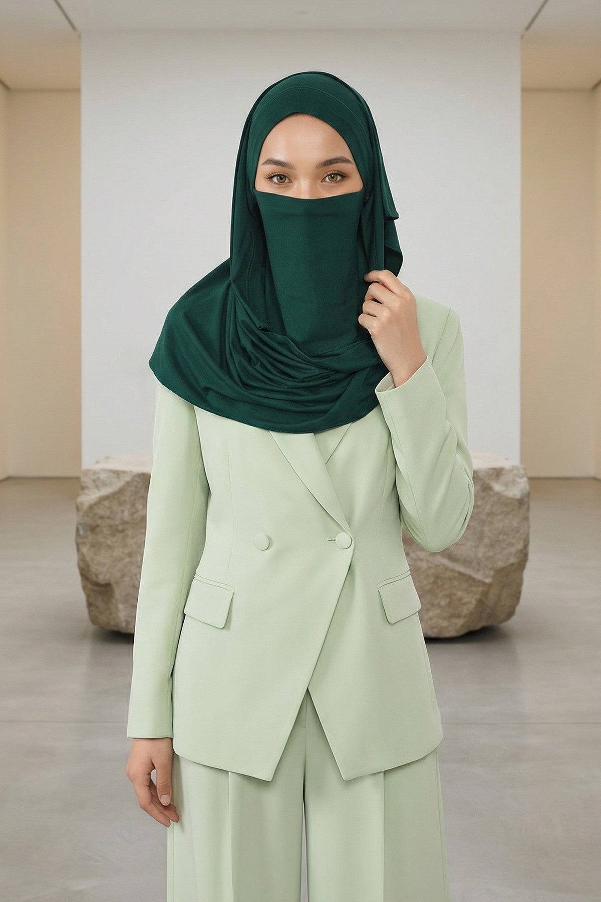 Neck-Covering Jersey Hijab with Built-In Niqab and Undercap, Premium Jersey Hijab with Integrated Bonnet and Face Veil,PS-58 Green