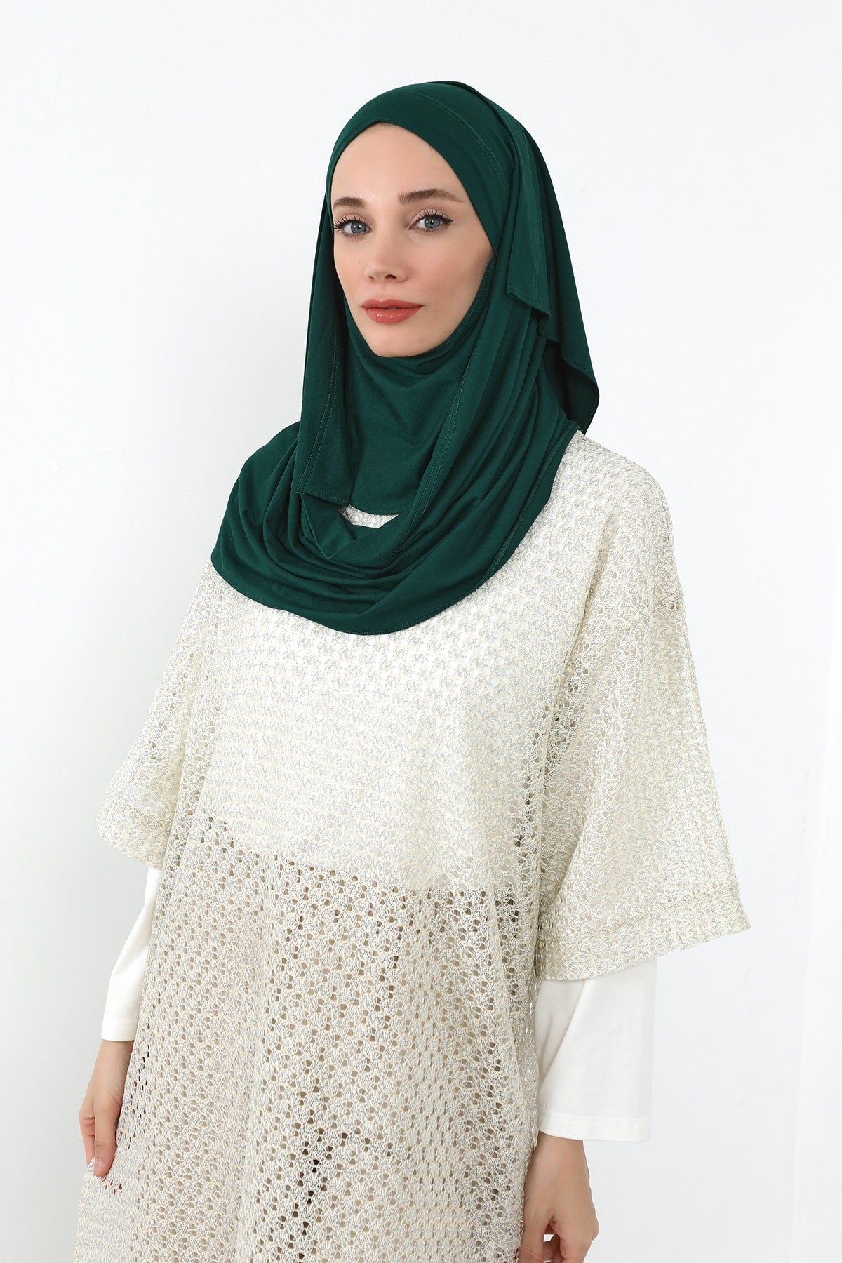 Neck-Covering Jersey Hijab with Built-In Niqab and Undercap, Premium Jersey Hijab with Integrated Bonnet and Face Veil,PS-58 Green