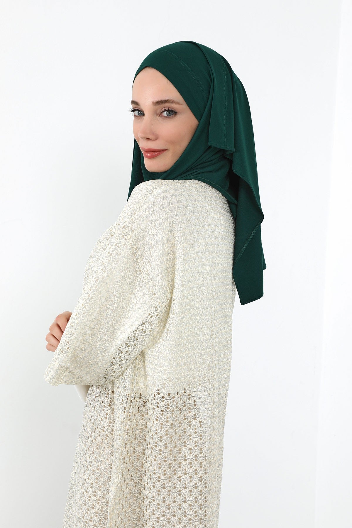 Neck-Covering Jersey Hijab with Built-In Niqab and Undercap, Premium Jersey Hijab with Integrated Bonnet and Face Veil,PS-58 Green