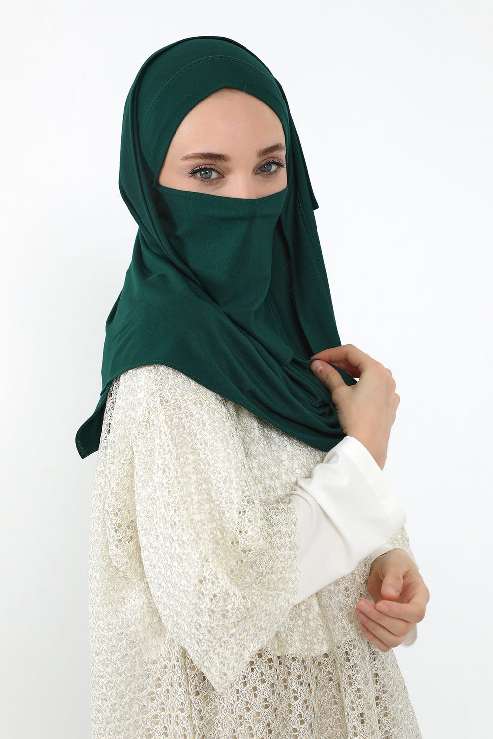 Neck-Covering Jersey Hijab with Built-In Niqab and Undercap, Premium Jersey Hijab with Integrated Bonnet and Face Veil,PS-58 Green