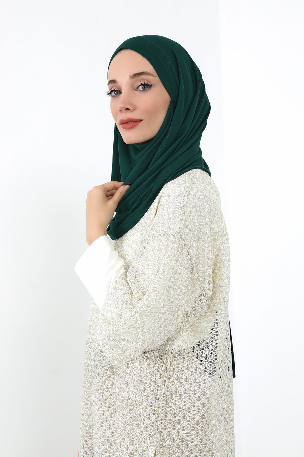 Neck-Covering Jersey Hijab with Built-In Niqab and Undercap, Premium Jersey Hijab with Integrated Bonnet and Face Veil,PS-58 Green