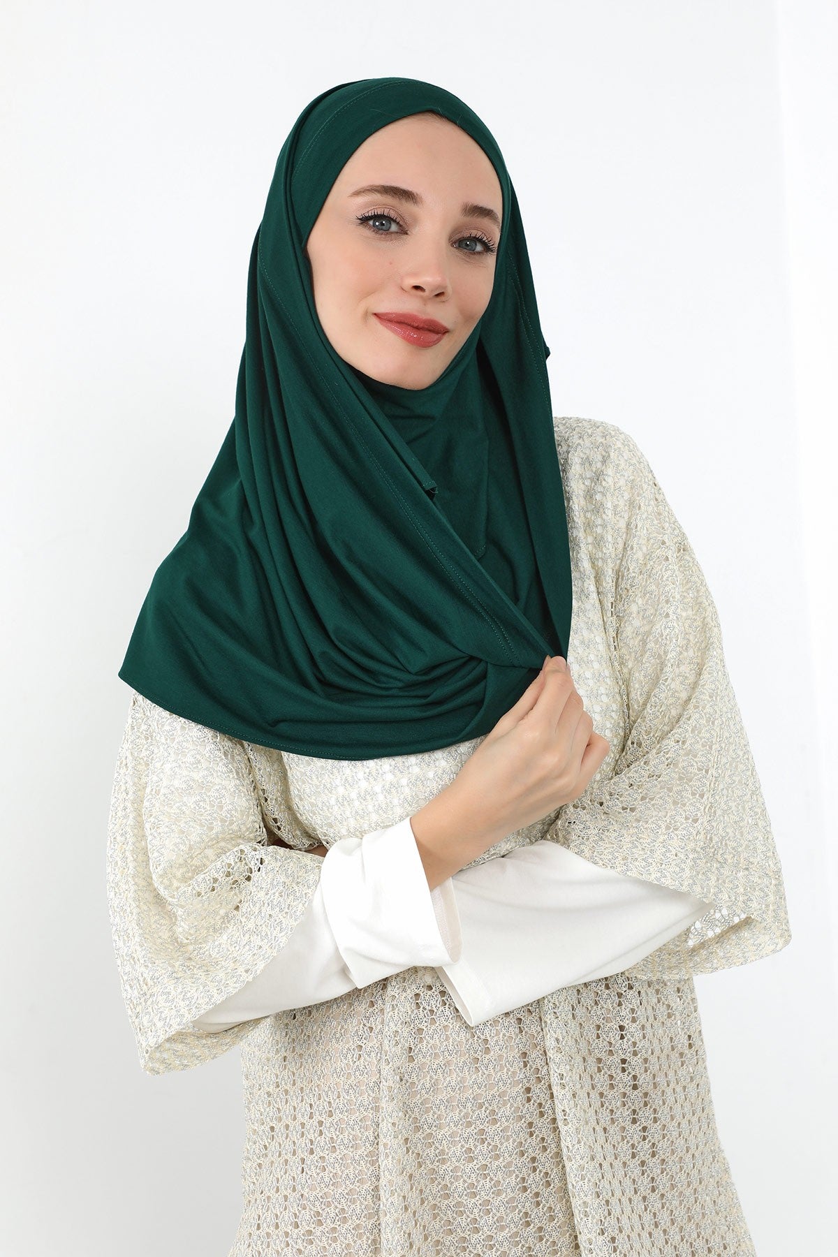 Neck-Covering Jersey Hijab with Built-In Niqab and Undercap, Premium Jersey Hijab with Integrated Bonnet and Face Veil,PS-58 Green