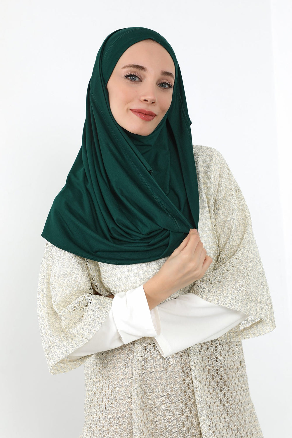 Neck-Covering Jersey Hijab with Built-In Niqab and Undercap, Premium Jersey Hijab with Integrated Bonnet and Face Veil,PS-58 Green