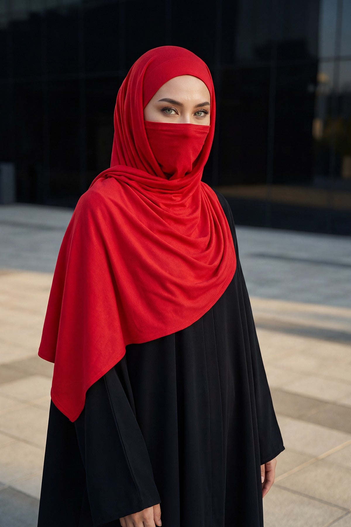 Neck-Covering Jersey Hijab with Built-In Niqab and Undercap, Premium Jersey Hijab with Integrated Bonnet and Face Veil,PS-58 Red
