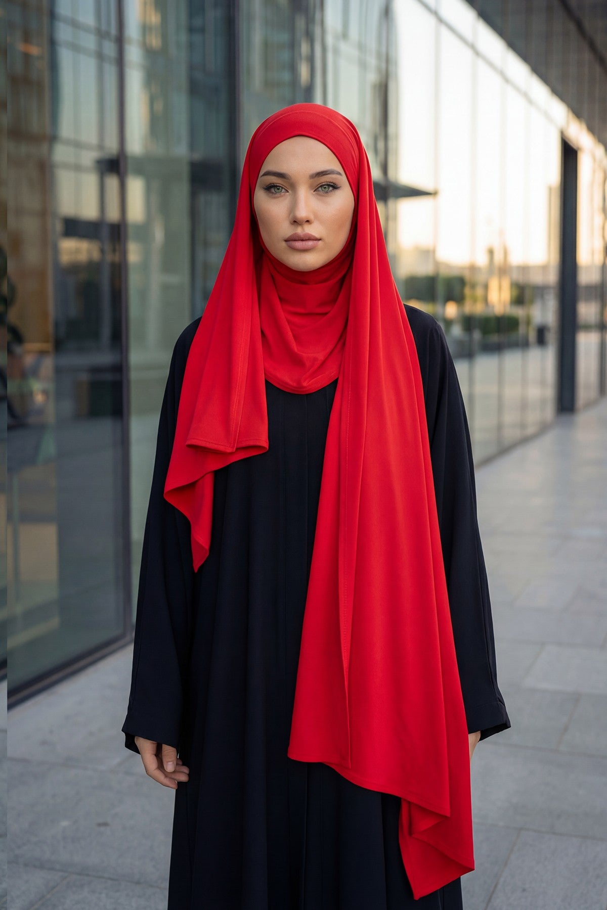 Neck-Covering Jersey Hijab with Built-In Niqab and Undercap, Premium Jersey Hijab with Integrated Bonnet and Face Veil,PS-58 Red
