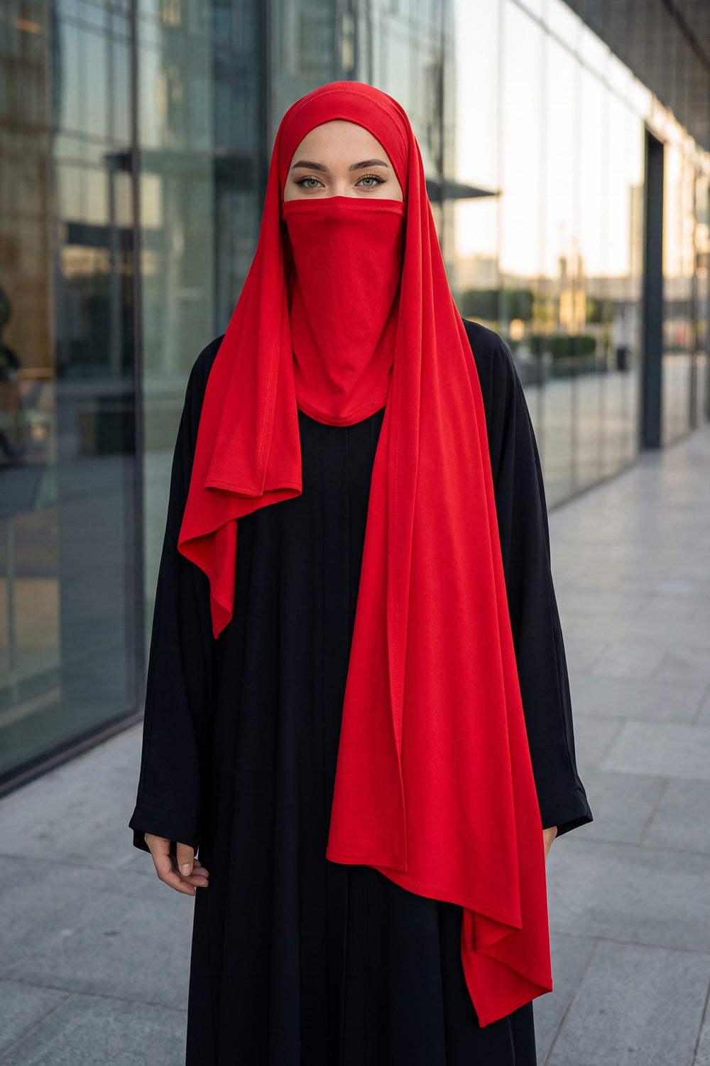 Neck-Covering Jersey Hijab with Built-In Niqab and Undercap, Premium Jersey Hijab with Integrated Bonnet and Face Veil,PS-58 Red