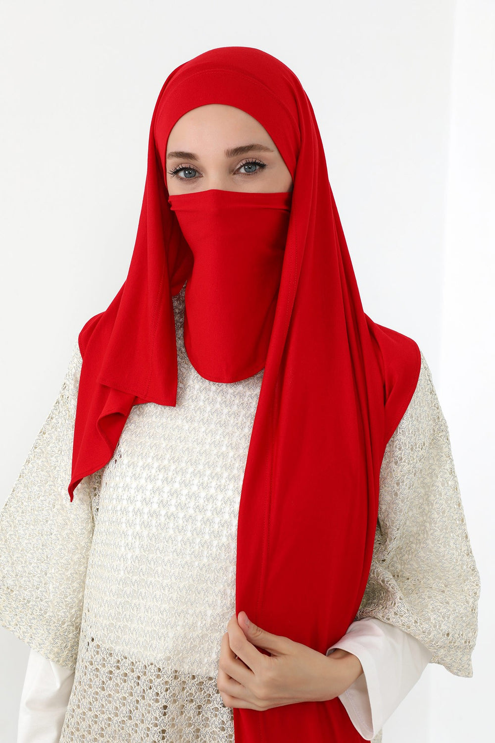 Neck-Covering Jersey Hijab with Built-In Niqab and Undercap, Premium Jersey Hijab with Integrated Bonnet and Face Veil,PS-58 Red