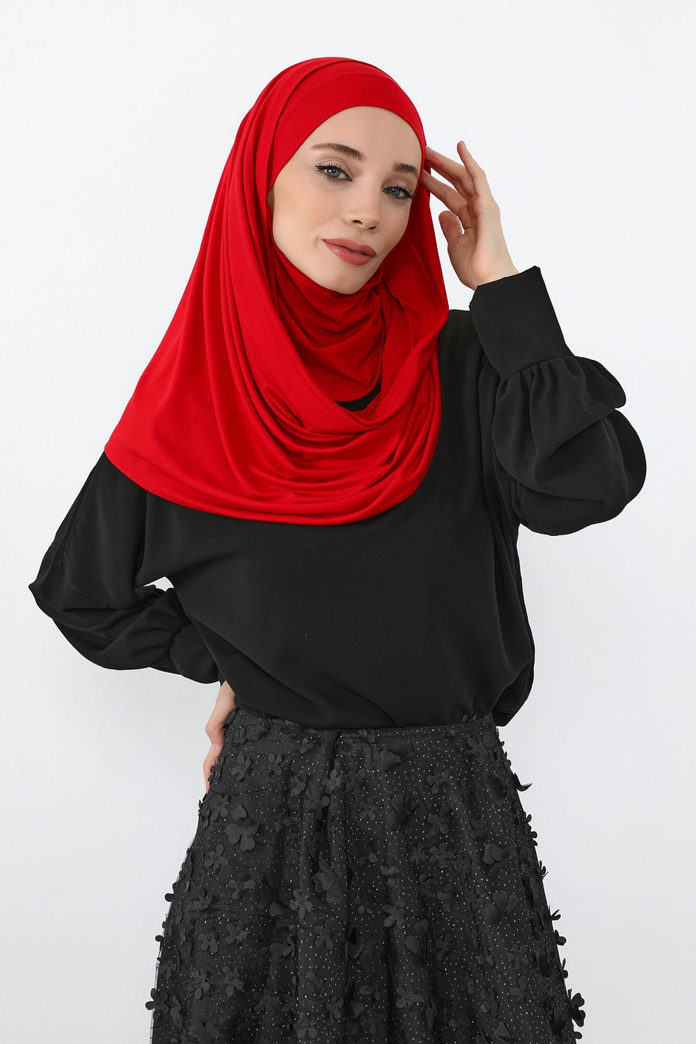 Neck-Covering Jersey Hijab with Built-In Niqab and Undercap, Premium Jersey Hijab with Integrated Bonnet and Face Veil,PS-58 Red