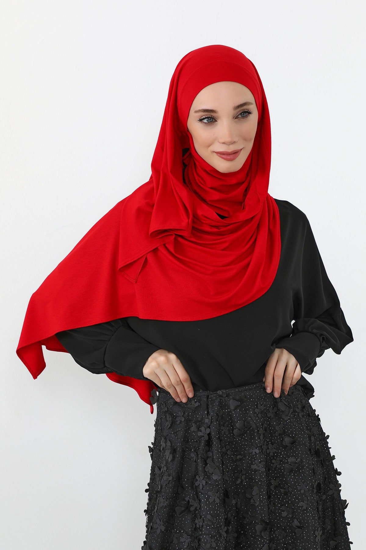 Neck-Covering Jersey Hijab with Built-In Niqab and Undercap, Premium Jersey Hijab with Integrated Bonnet and Face Veil,PS-58 Red