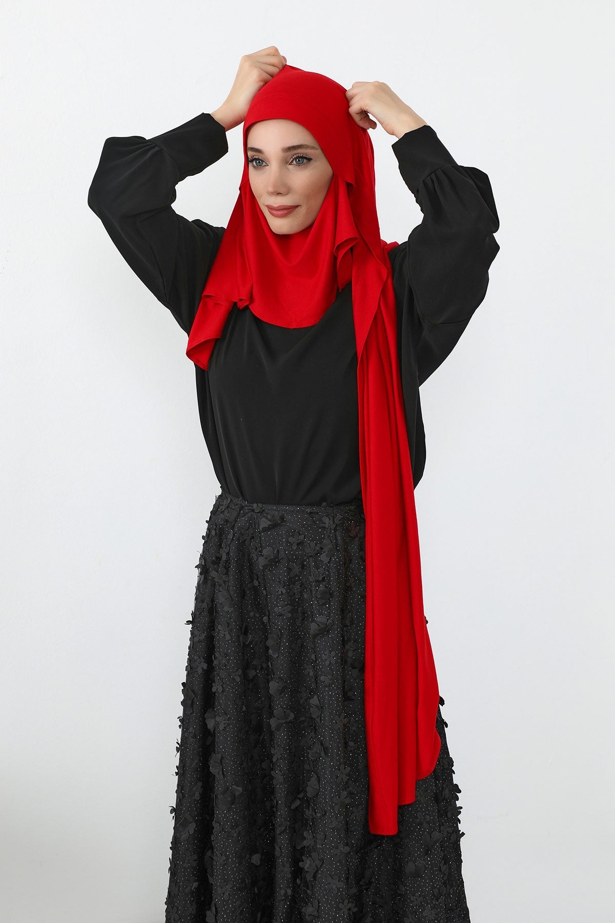 Neck-Covering Jersey Hijab with Built-In Niqab and Undercap, Premium Jersey Hijab with Integrated Bonnet and Face Veil,PS-58 Red