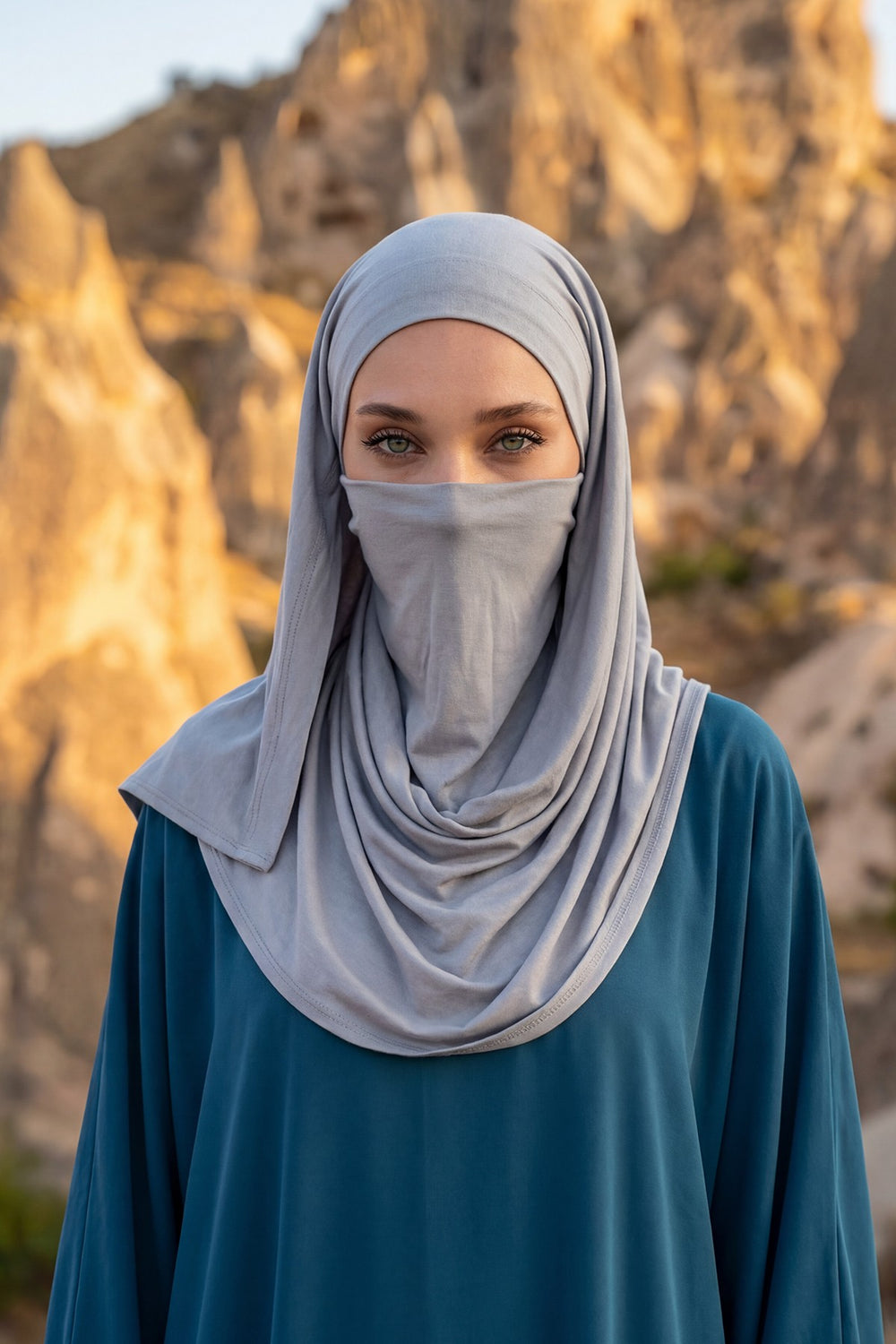 Neck-Covering Jersey Hijab with Built-In Niqab and Undercap, Premium Jersey Hijab with Integrated Bonnet and Face Veil,PS-58 Grey 2