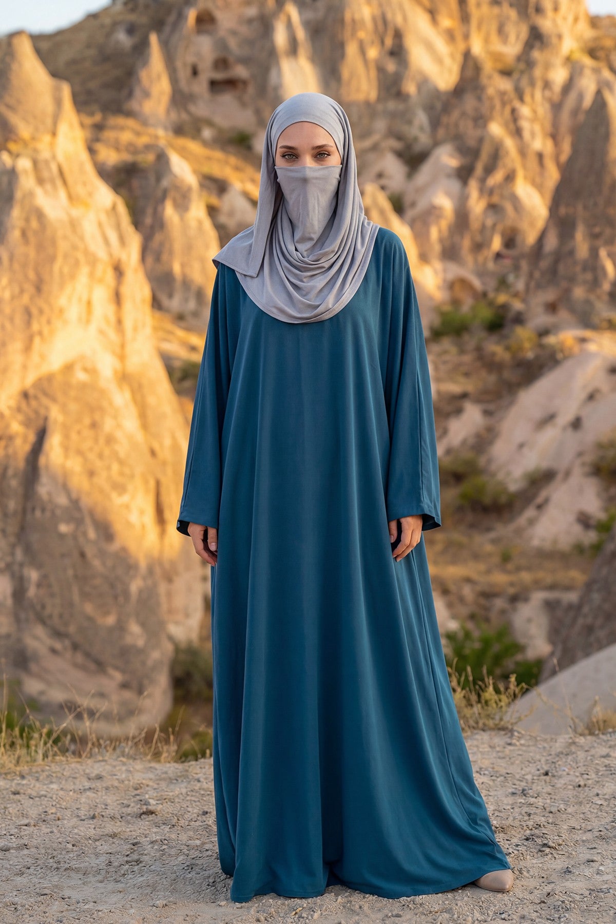 Neck-Covering Jersey Hijab with Built-In Niqab and Undercap, Premium Jersey Hijab with Integrated Bonnet and Face Veil,PS-58 Grey 2