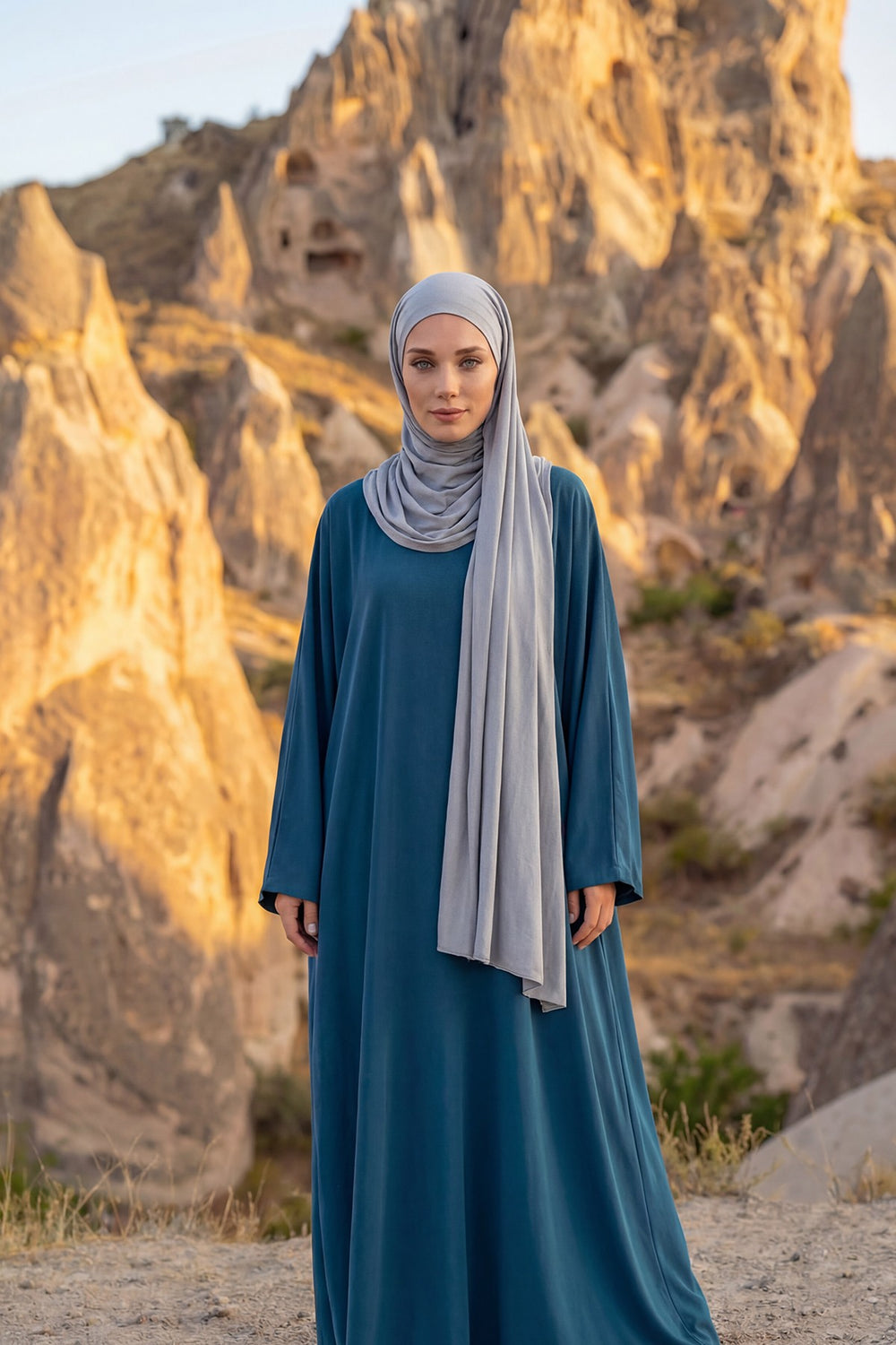 Neck-Covering Jersey Hijab with Built-In Niqab and Undercap, Premium Jersey Hijab with Integrated Bonnet and Face Veil,PS-58 Grey 2
