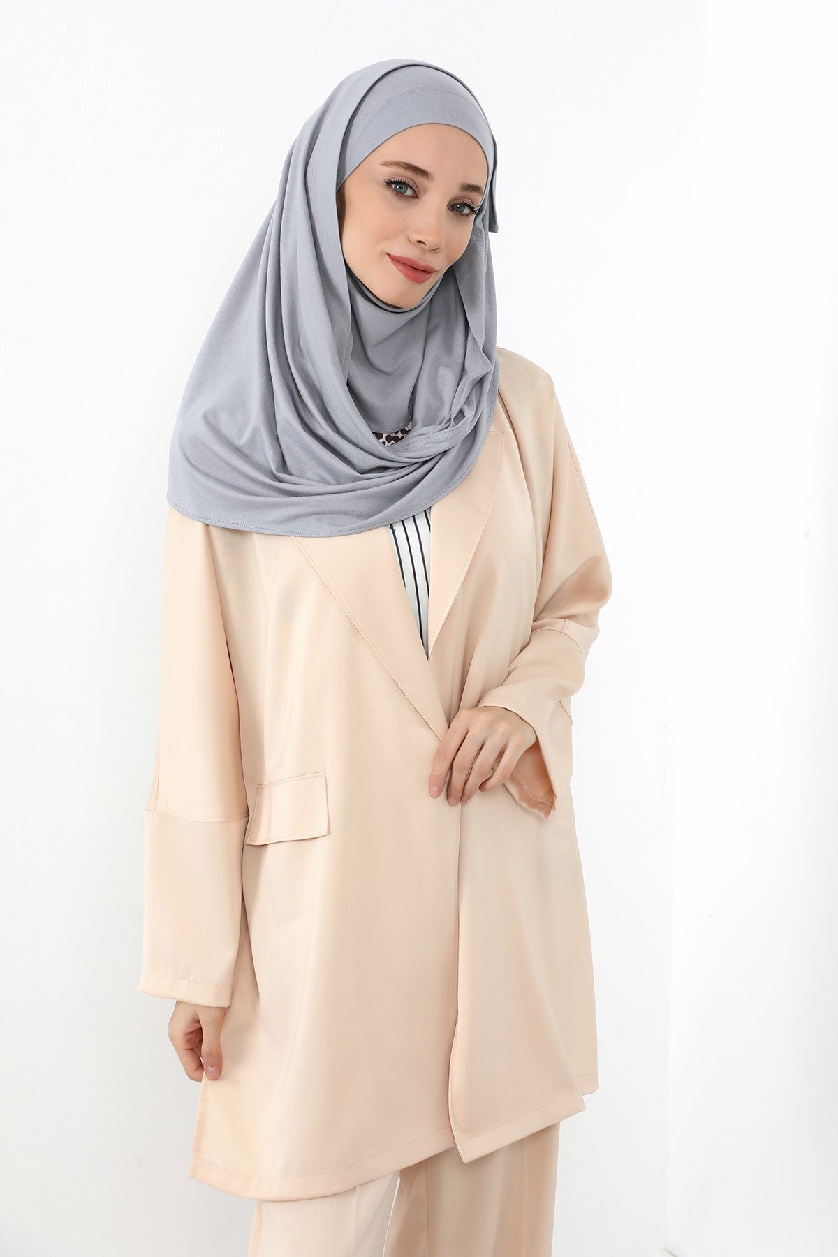 Neck-Covering Jersey Hijab with Built-In Niqab and Undercap, Premium Jersey Hijab with Integrated Bonnet and Face Veil,PS-58 Grey 2