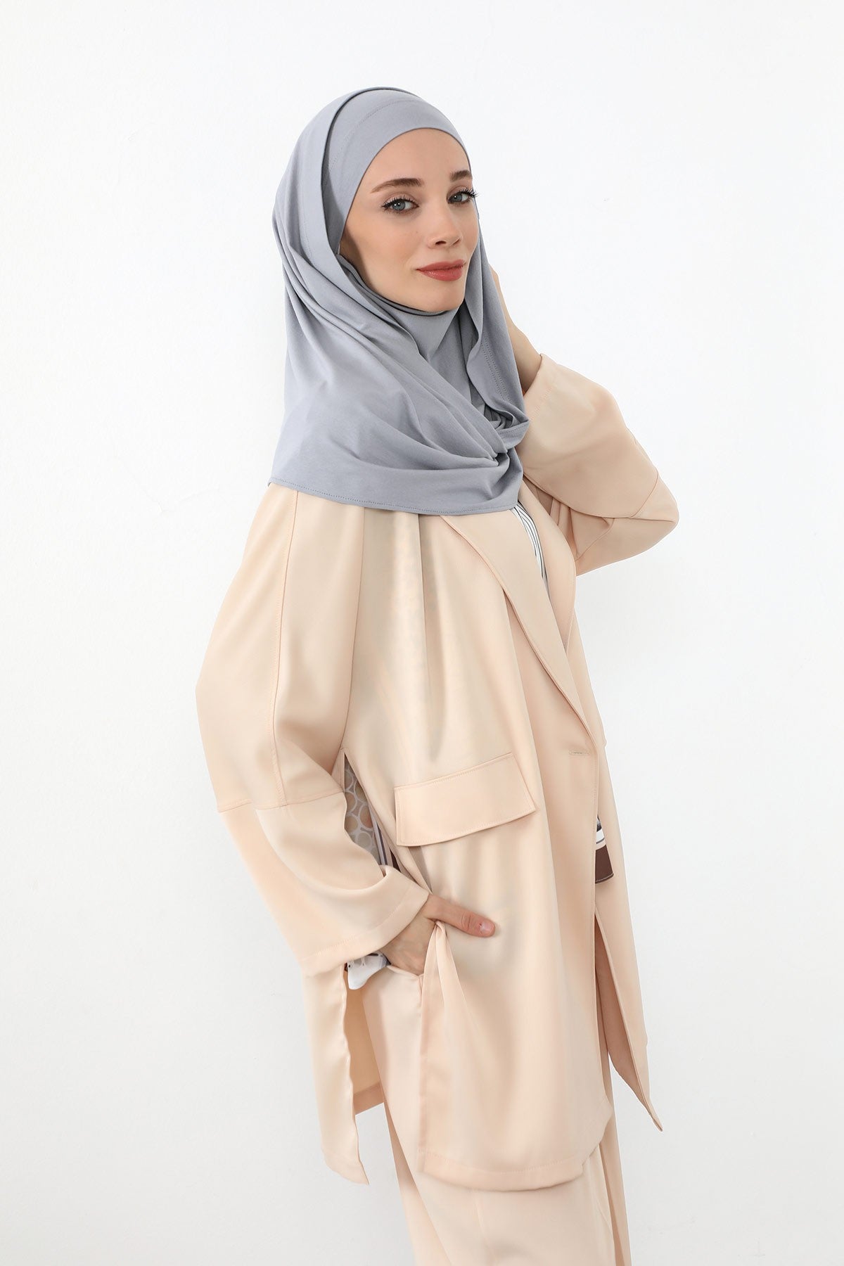 Neck-Covering Jersey Hijab with Built-In Niqab and Undercap, Premium Jersey Hijab with Integrated Bonnet and Face Veil,PS-58 Grey 2