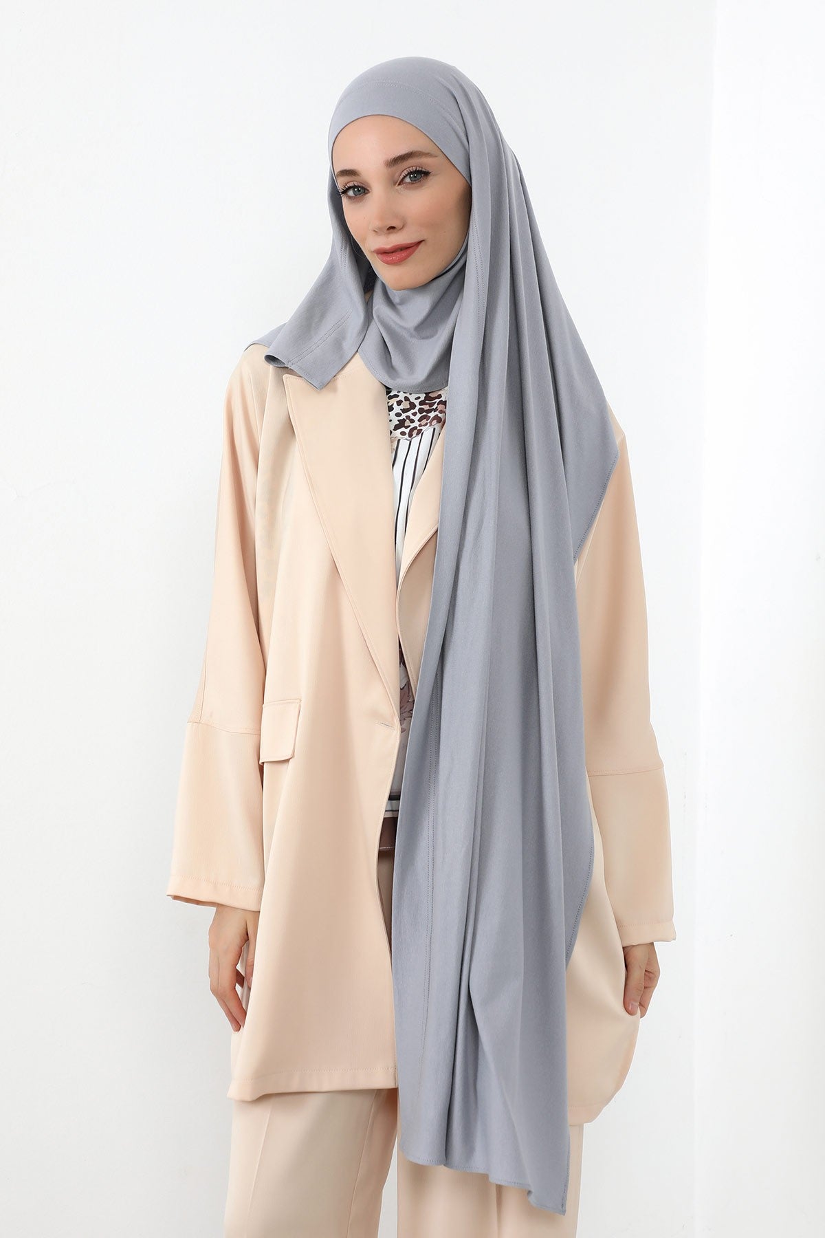 Neck-Covering Jersey Hijab with Built-In Niqab and Undercap, Premium Jersey Hijab with Integrated Bonnet and Face Veil,PS-58 Grey 2