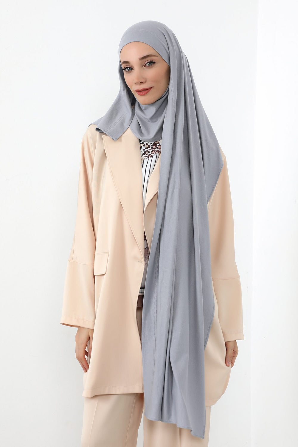 Neck-Covering Jersey Hijab with Built-In Niqab and Undercap, Premium Jersey Hijab with Integrated Bonnet and Face Veil,PS-58 Grey 2