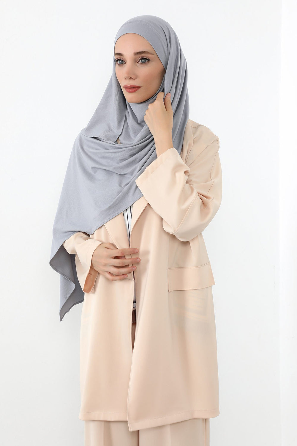 Neck-Covering Jersey Hijab with Built-In Niqab and Undercap, Premium Jersey Hijab with Integrated Bonnet and Face Veil,PS-58 Grey 2