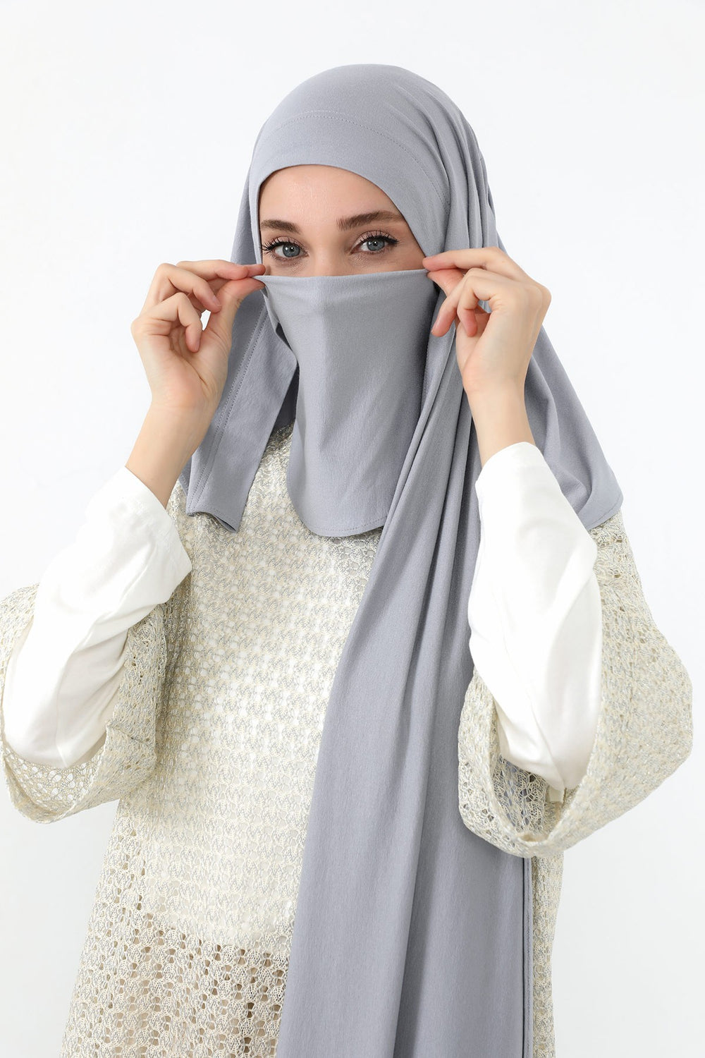 Neck-Covering Jersey Hijab with Built-In Niqab and Undercap, Premium Jersey Hijab with Integrated Bonnet and Face Veil,PS-58 Grey 2