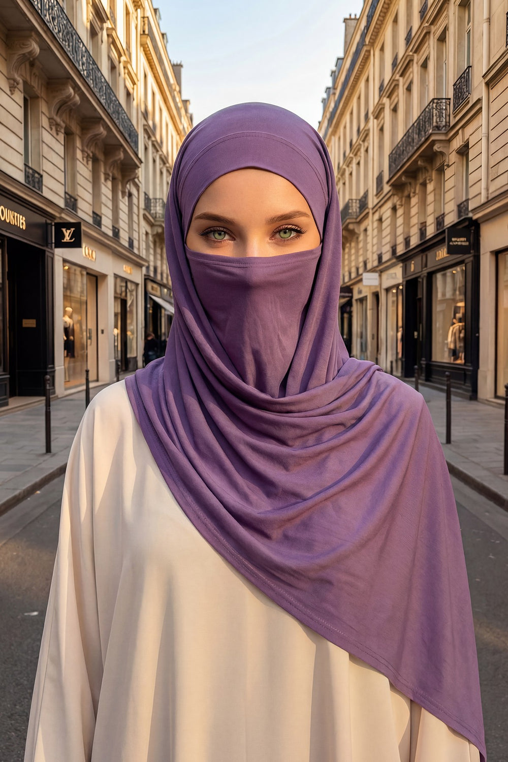 Neck-Covering Jersey Hijab with Built-In Niqab and Undercap, Premium Jersey Hijab with Integrated Bonnet and Face Veil,PS-58 Purple 2
