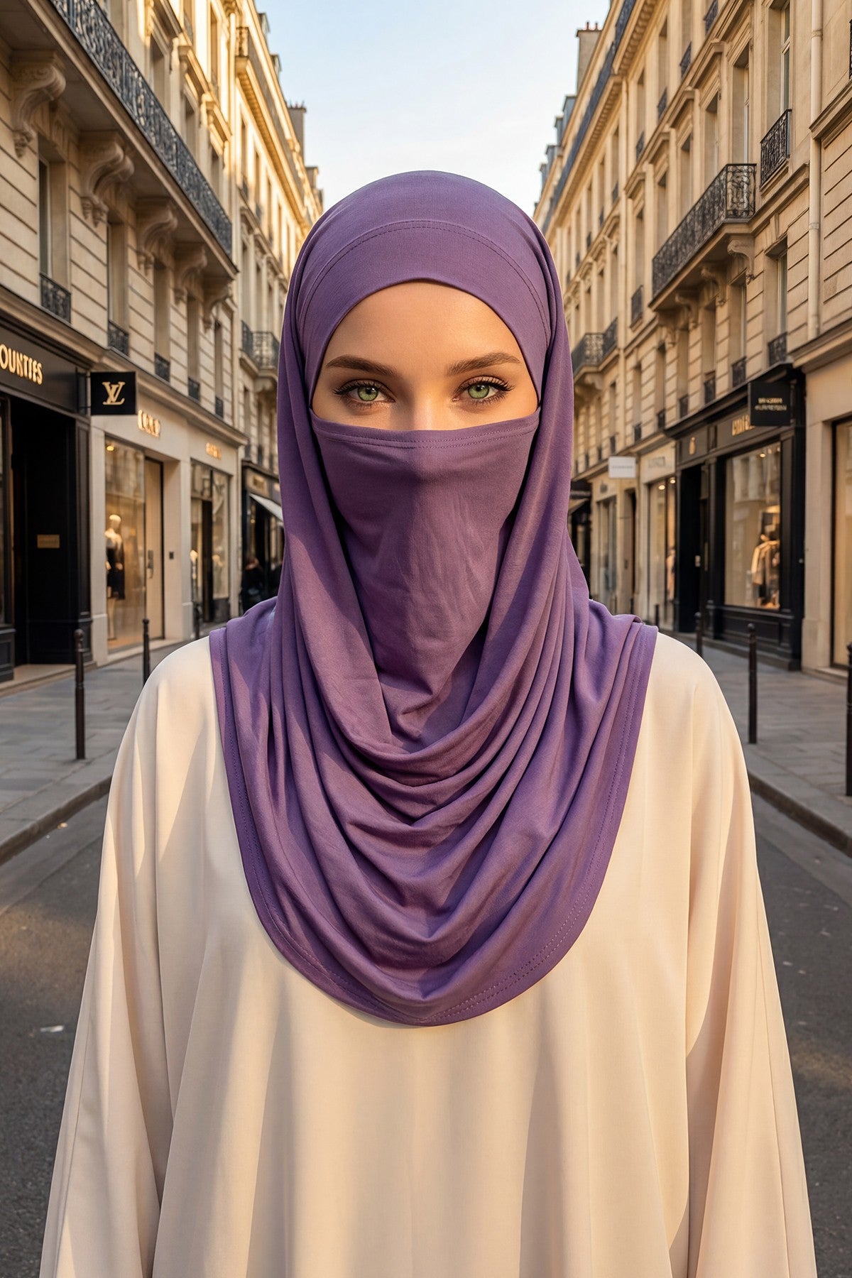 Neck-Covering Jersey Hijab with Built-In Niqab and Undercap, Premium Jersey Hijab with Integrated Bonnet and Face Veil,PS-58 Purple 2