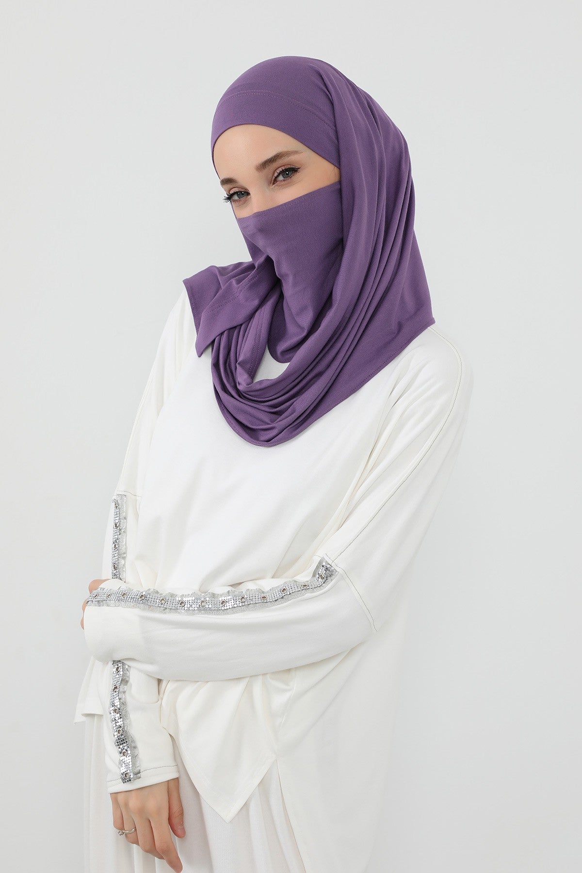 Neck-Covering Jersey Hijab with Built-In Niqab and Undercap, Premium Jersey Hijab with Integrated Bonnet and Face Veil,PS-58 Purple 2