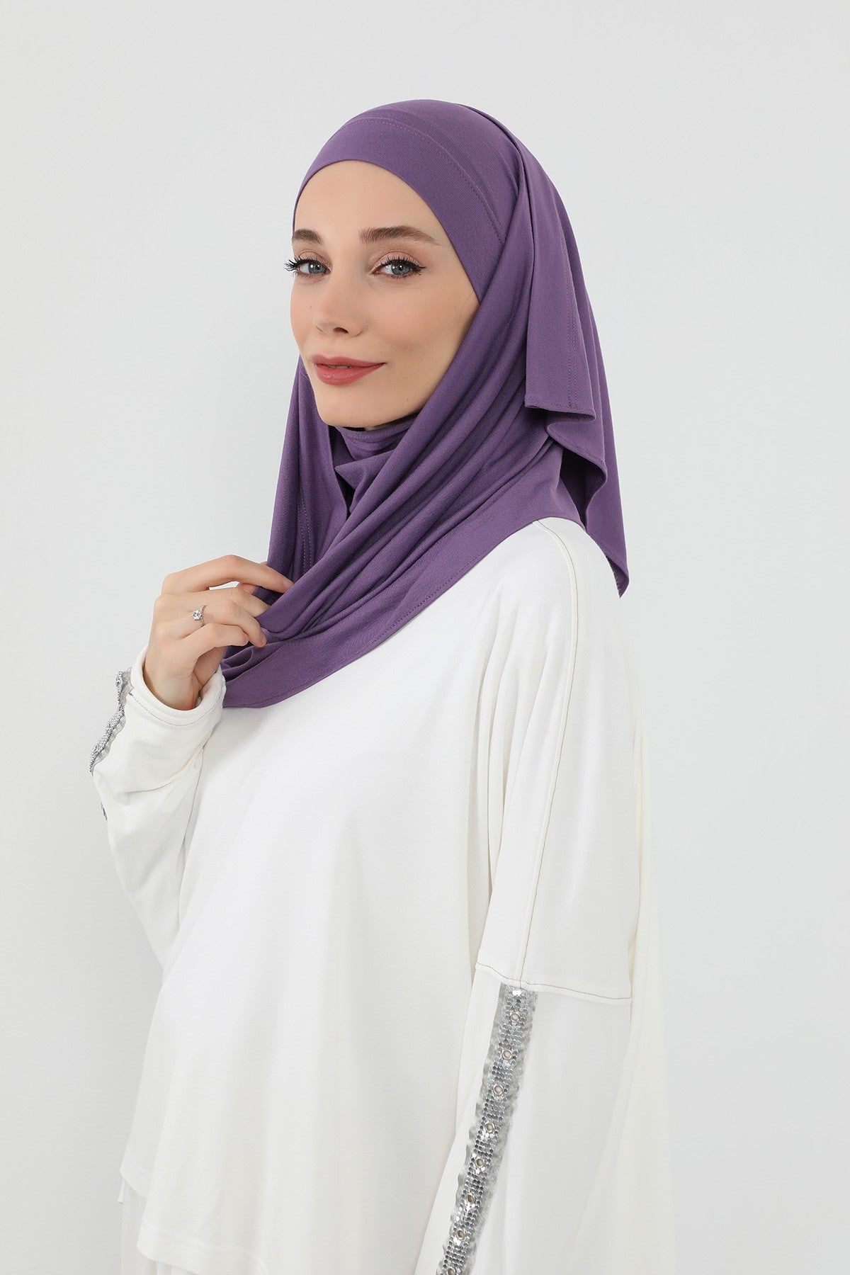 Neck-Covering Jersey Hijab with Built-In Niqab and Undercap, Premium Jersey Hijab with Integrated Bonnet and Face Veil,PS-58 Purple 2