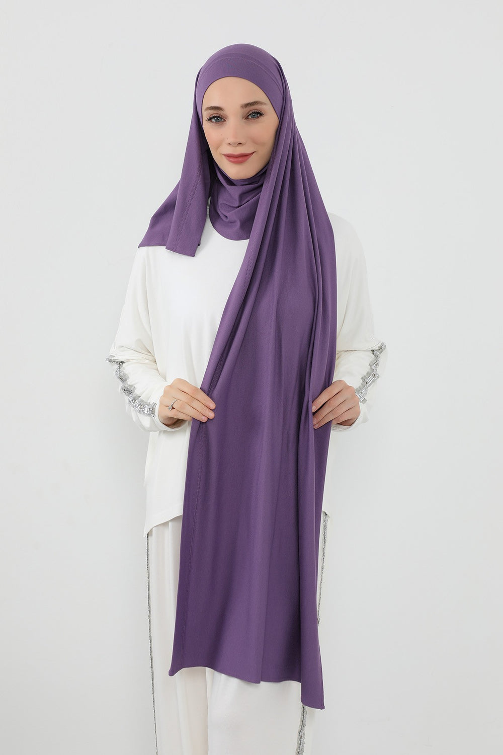 Neck-Covering Jersey Hijab with Built-In Niqab and Undercap, Premium Jersey Hijab with Integrated Bonnet and Face Veil,PS-58 Purple 2