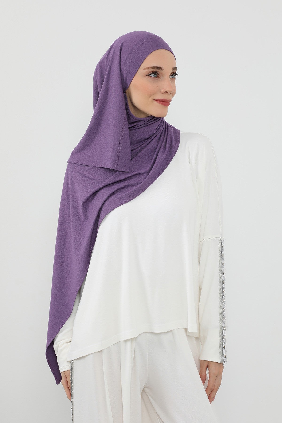 Neck-Covering Jersey Hijab with Built-In Niqab and Undercap, Premium Jersey Hijab with Integrated Bonnet and Face Veil,PS-58 Purple 2