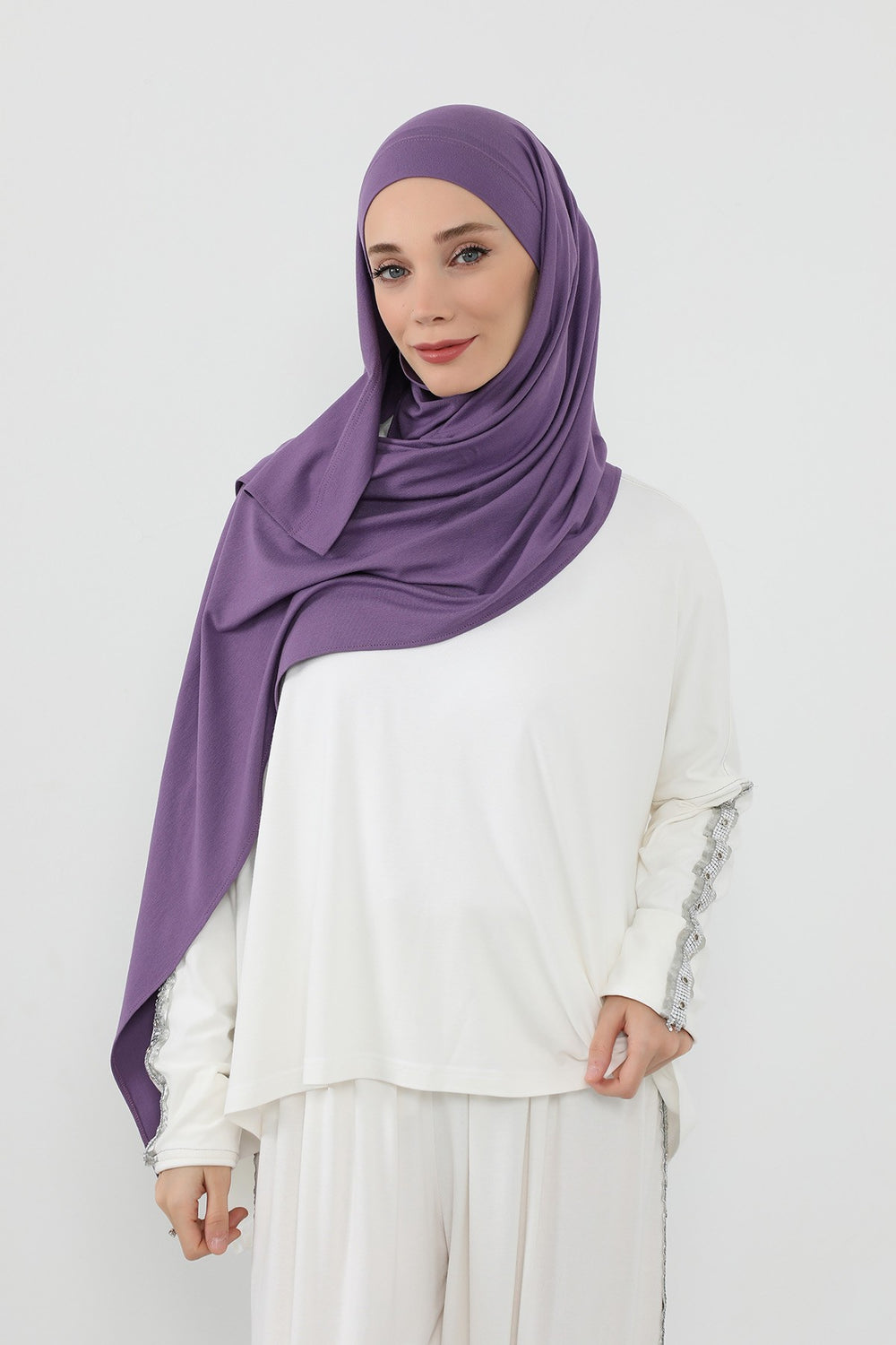 Neck-Covering Jersey Hijab with Built-In Niqab and Undercap, Premium Jersey Hijab with Integrated Bonnet and Face Veil,PS-58 Purple 2
