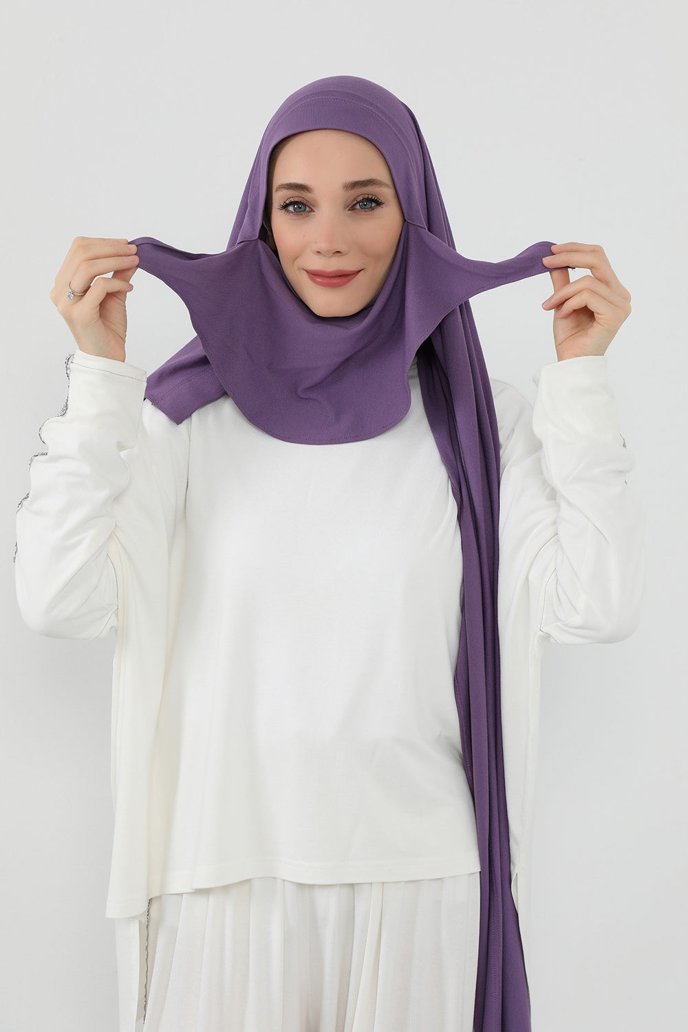 Neck-Covering Jersey Hijab with Built-In Niqab and Undercap, Premium Jersey Hijab with Integrated Bonnet and Face Veil,PS-58 Purple 2