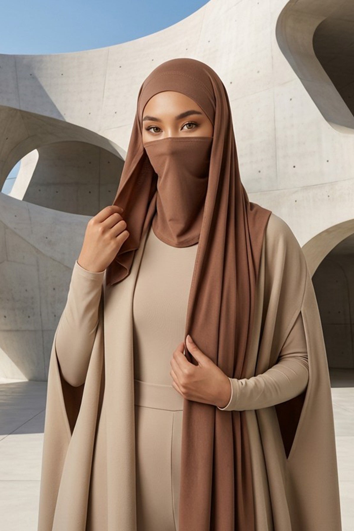 Neck-Covering Jersey Hijab with Built-In Niqab and Undercap, Premium Jersey Hijab with Integrated Bonnet and Face Veil,PS-58 Caramel Brown
