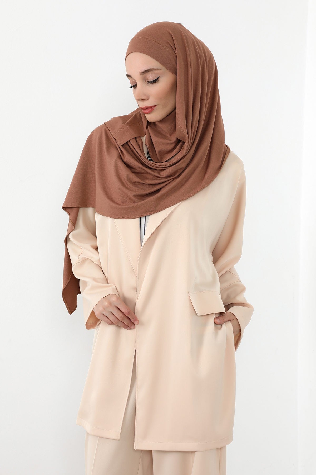 Neck-Covering Jersey Hijab with Built-In Niqab and Undercap, Premium Jersey Hijab with Integrated Bonnet and Face Veil,PS-58 Caramel Brown