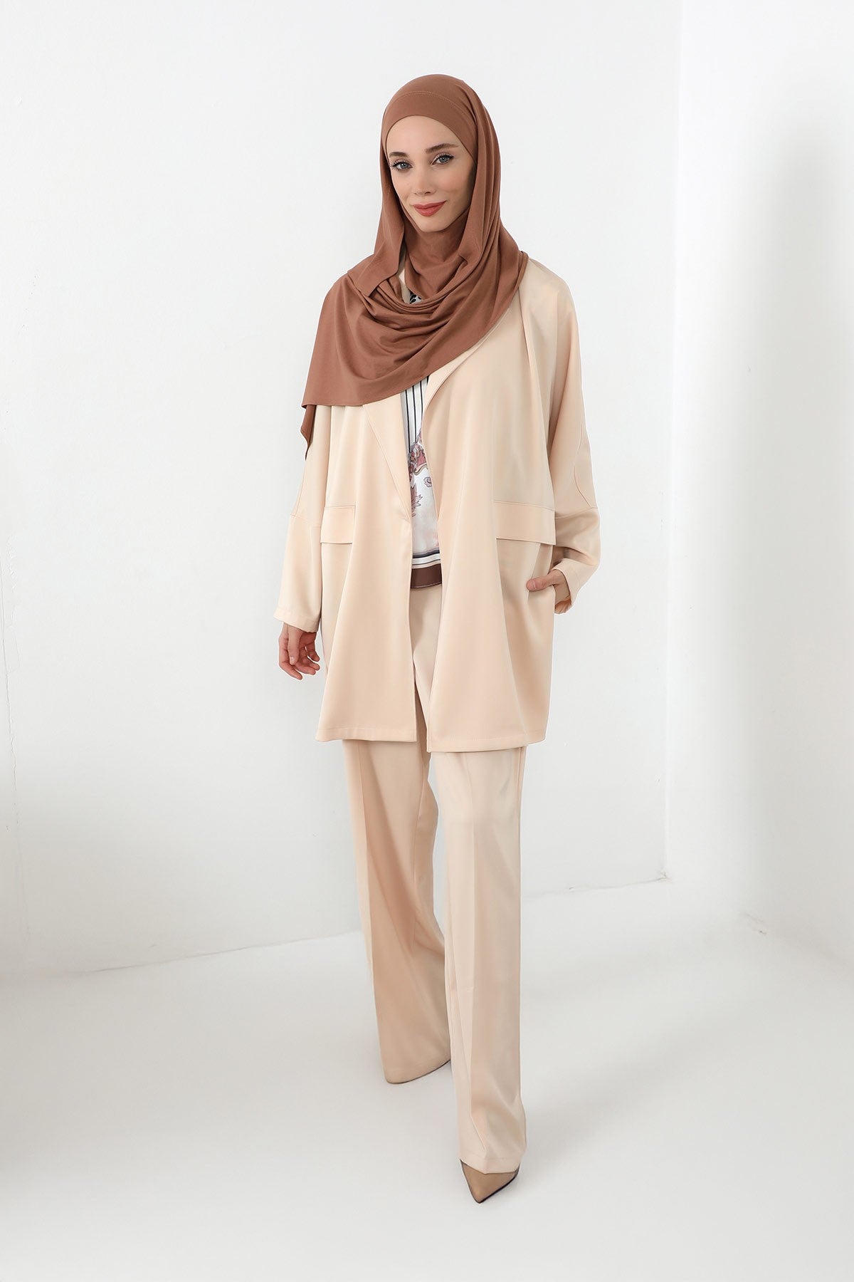 Neck-Covering Jersey Hijab with Built-In Niqab and Undercap, Premium Jersey Hijab with Integrated Bonnet and Face Veil,PS-58 Caramel Brown
