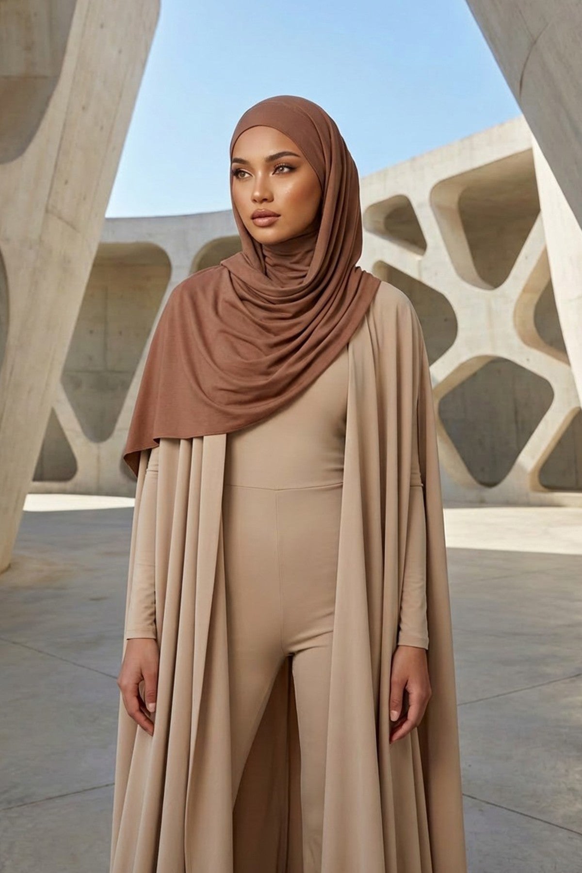 Neck-Covering Jersey Hijab with Built-In Niqab and Undercap, Premium Jersey Hijab with Integrated Bonnet and Face Veil,PS-58 Caramel Brown